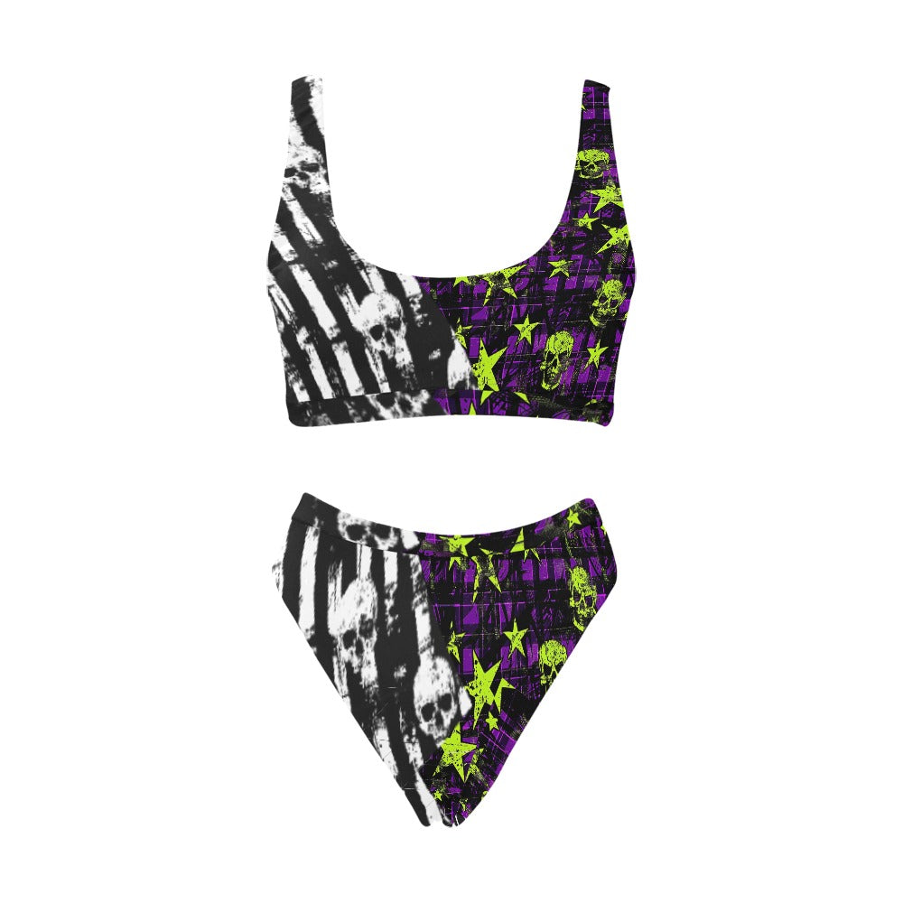 Punk Checkered And Striped Sport Top & High-Waisted Bikini Swimsuit