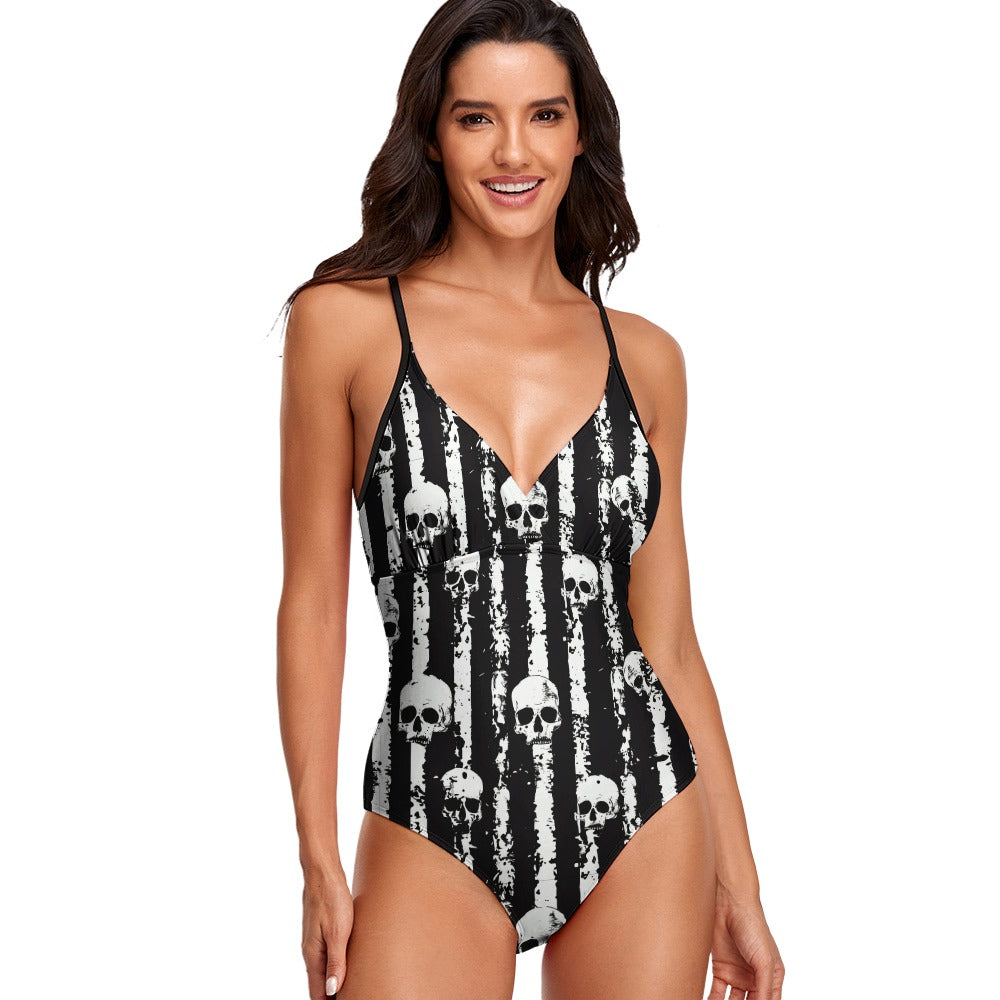 Stripy Skulls B&W Sexy Sling One Piece Swimsuit