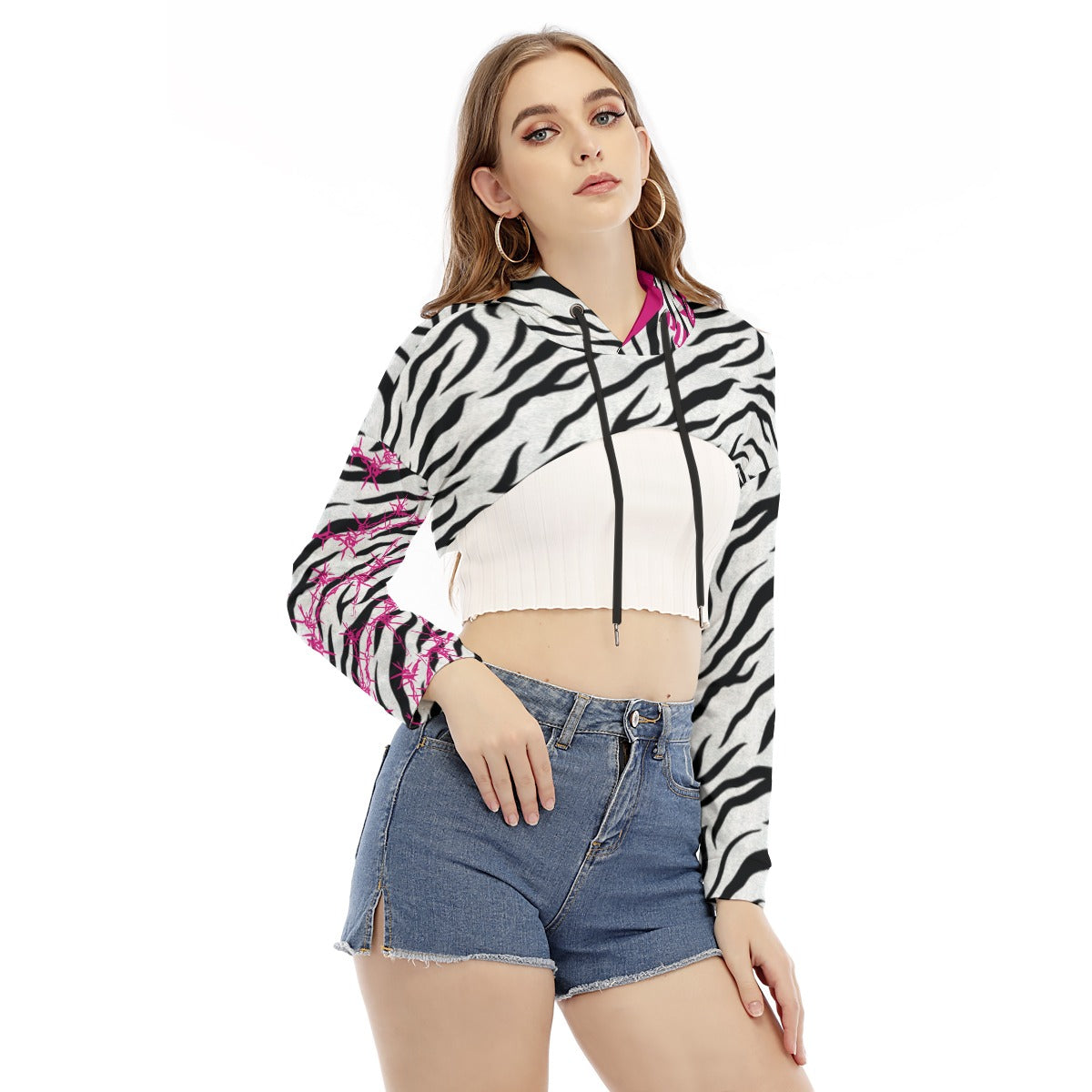 Punk You White Zebra Smock Short Hoodie With Long Sleeve