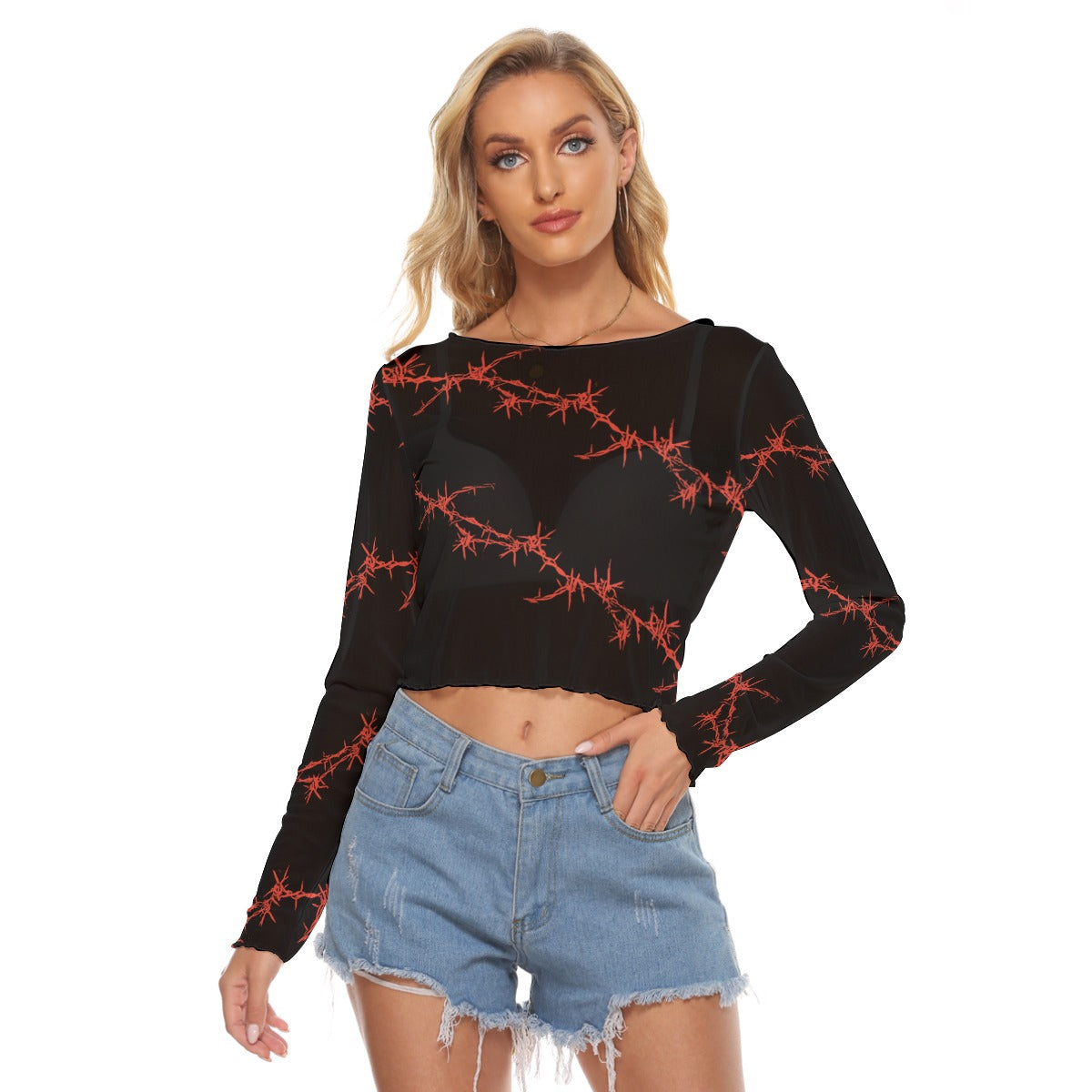 Red Barbed Wire Mesh Long Sleeves T-shirt