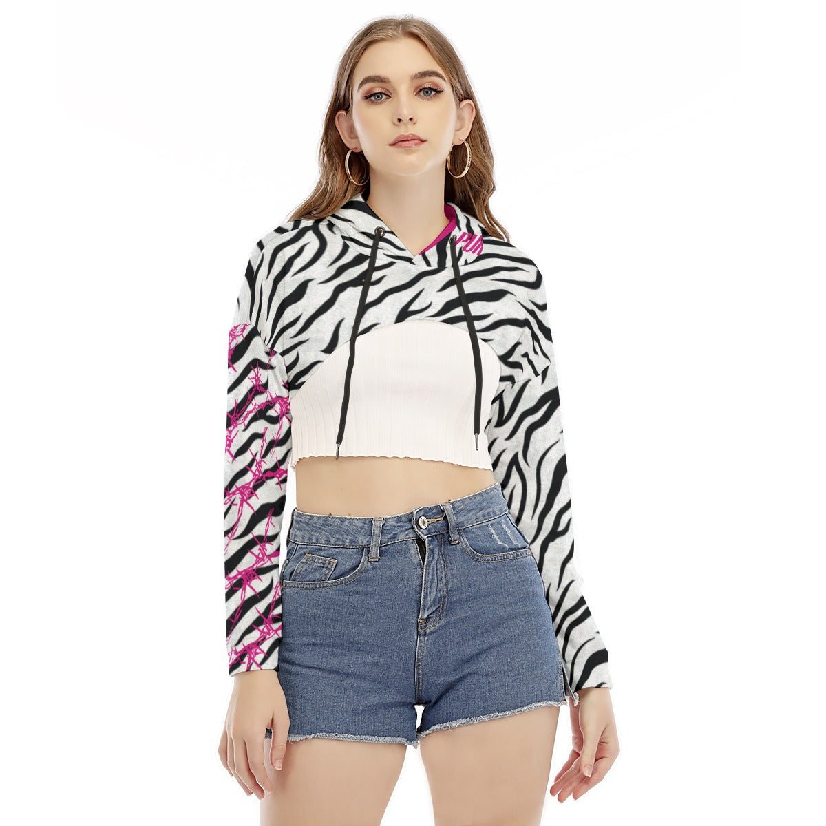 Punk You White Zebra Smock Short Hoodie With Long Sleeve