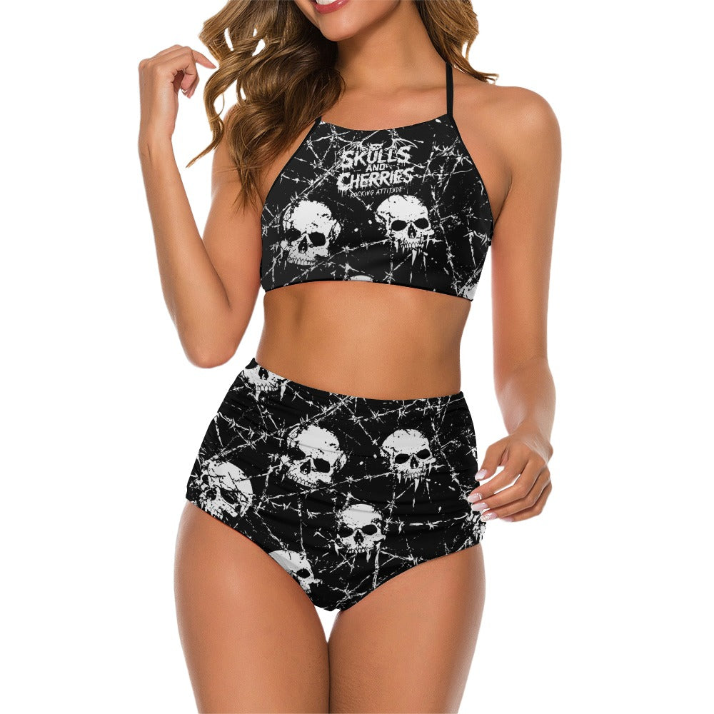 Barbed Wire and Skulls Suspender Two Piece Bikini Swimsuit