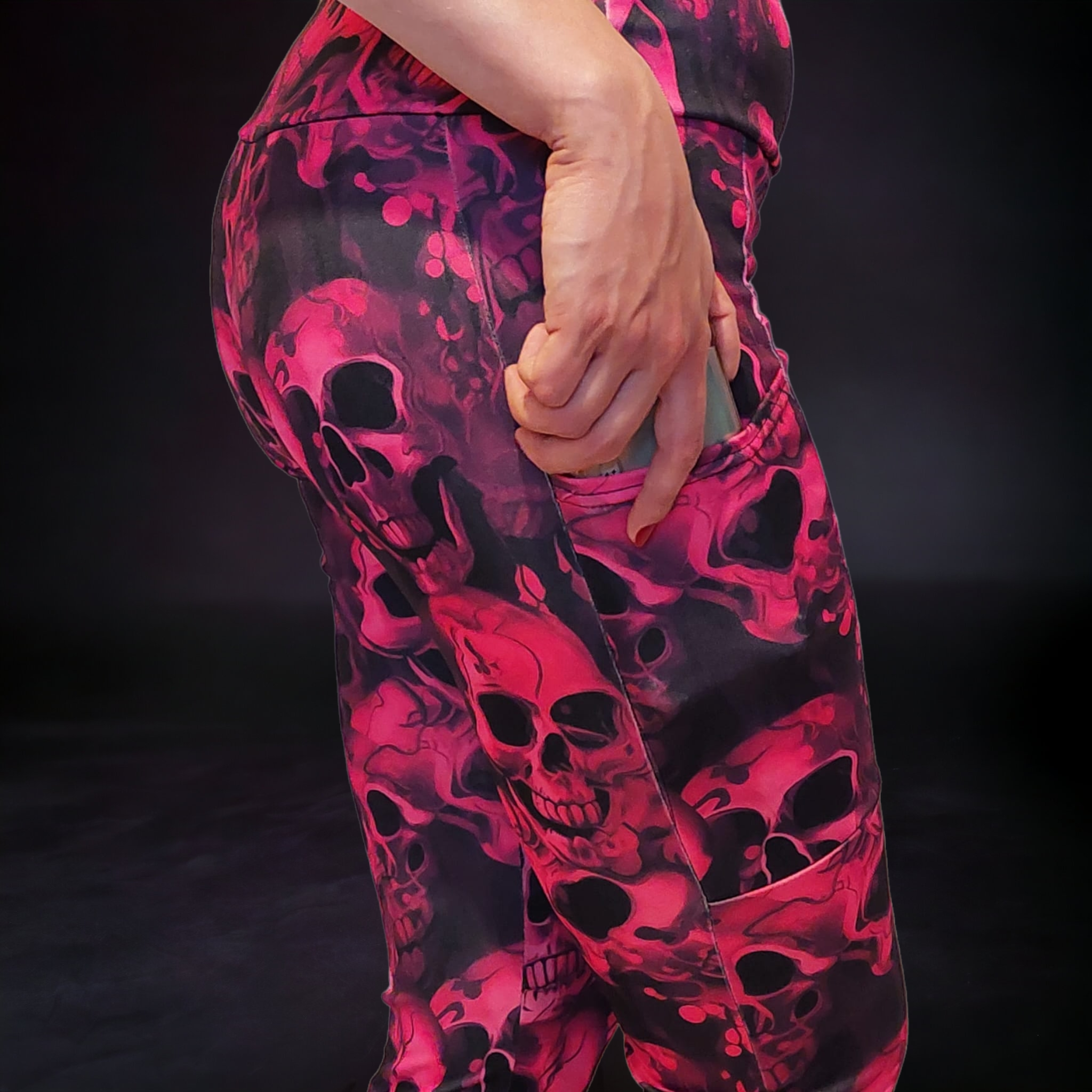 Pink tie-dye skulls High Waist Leggings With Pockets