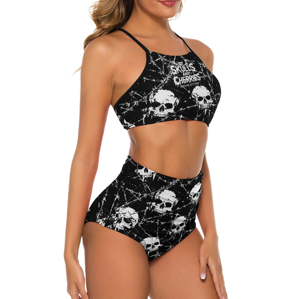 Barbed Wire and Skulls Suspender Two Piece Bikini Swimsuit