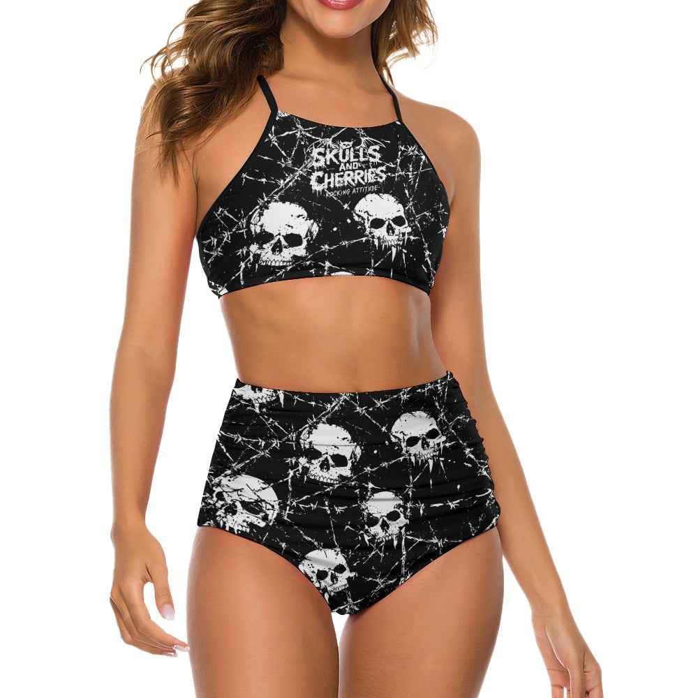 Barbed Wire and Skulls Suspender Two Piece Bikini Swimsuit