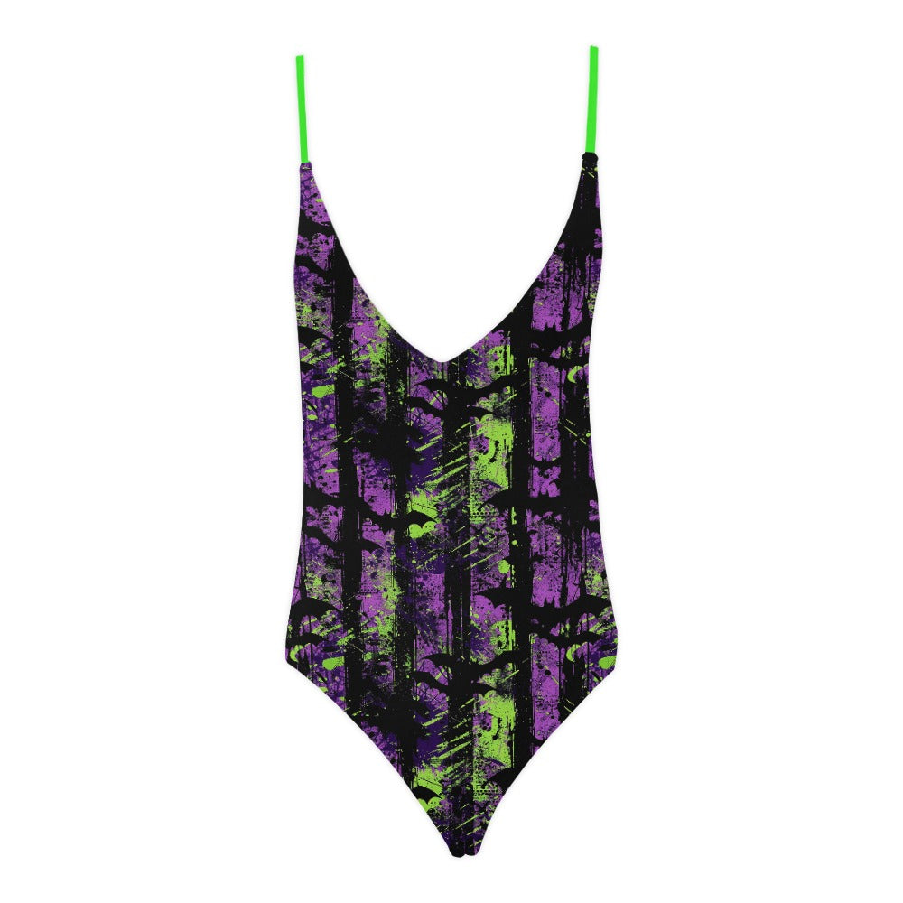 Vertically Striped Batty Night Sexy Lacing Backless One-Piece Swimsuit