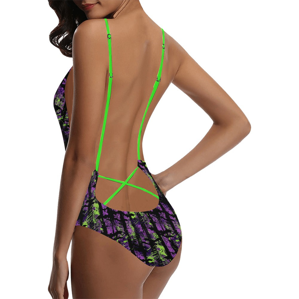 Vertically Striped Batty Night Sexy Lacing Backless One-Piece Swimsuit