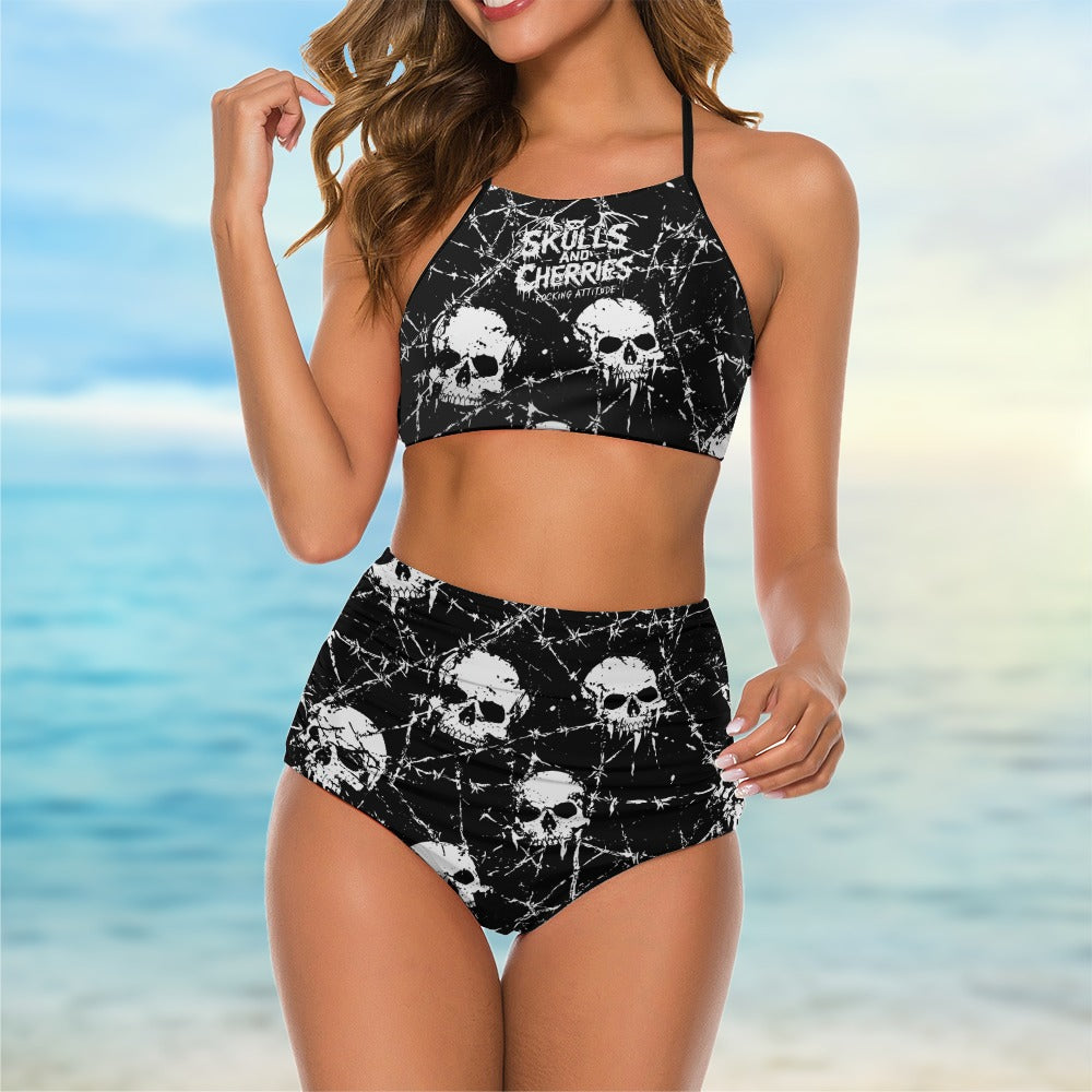 Barbed Wire and Skulls Suspender Two Piece Bikini Swimsuit