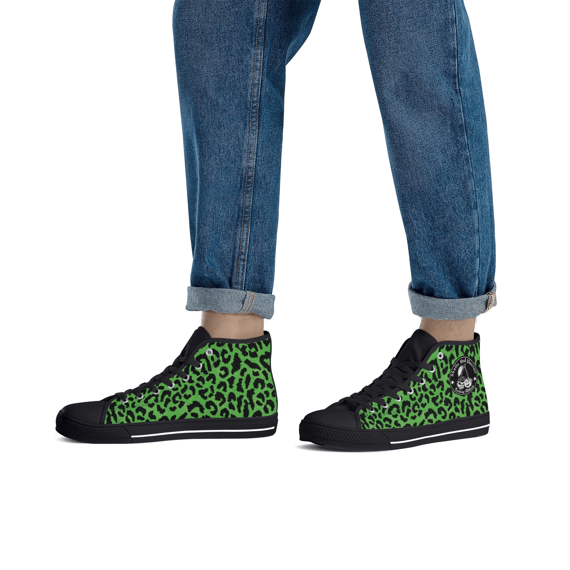 Green Leopard Animal Print Men's Psychobilly High Top Shoes