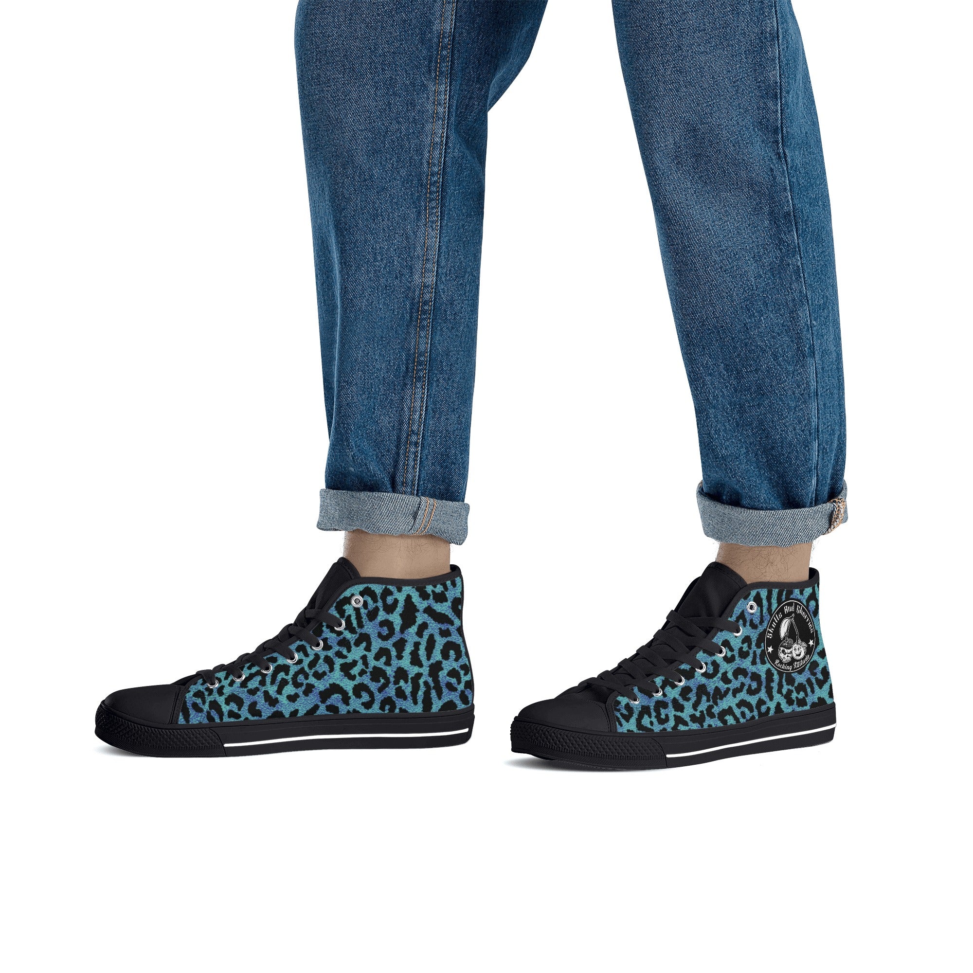 Blue Leopard Animal Print Men's Psychobilly High Top Shoes