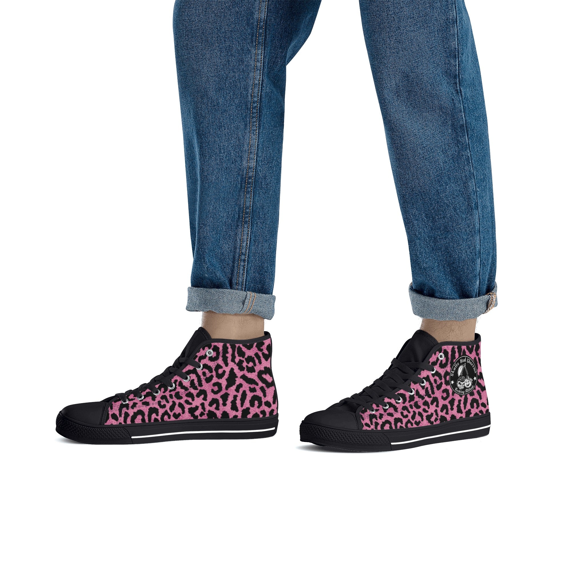 Pink Leopard Animal Print Men's Psychobilly High Top Shoes