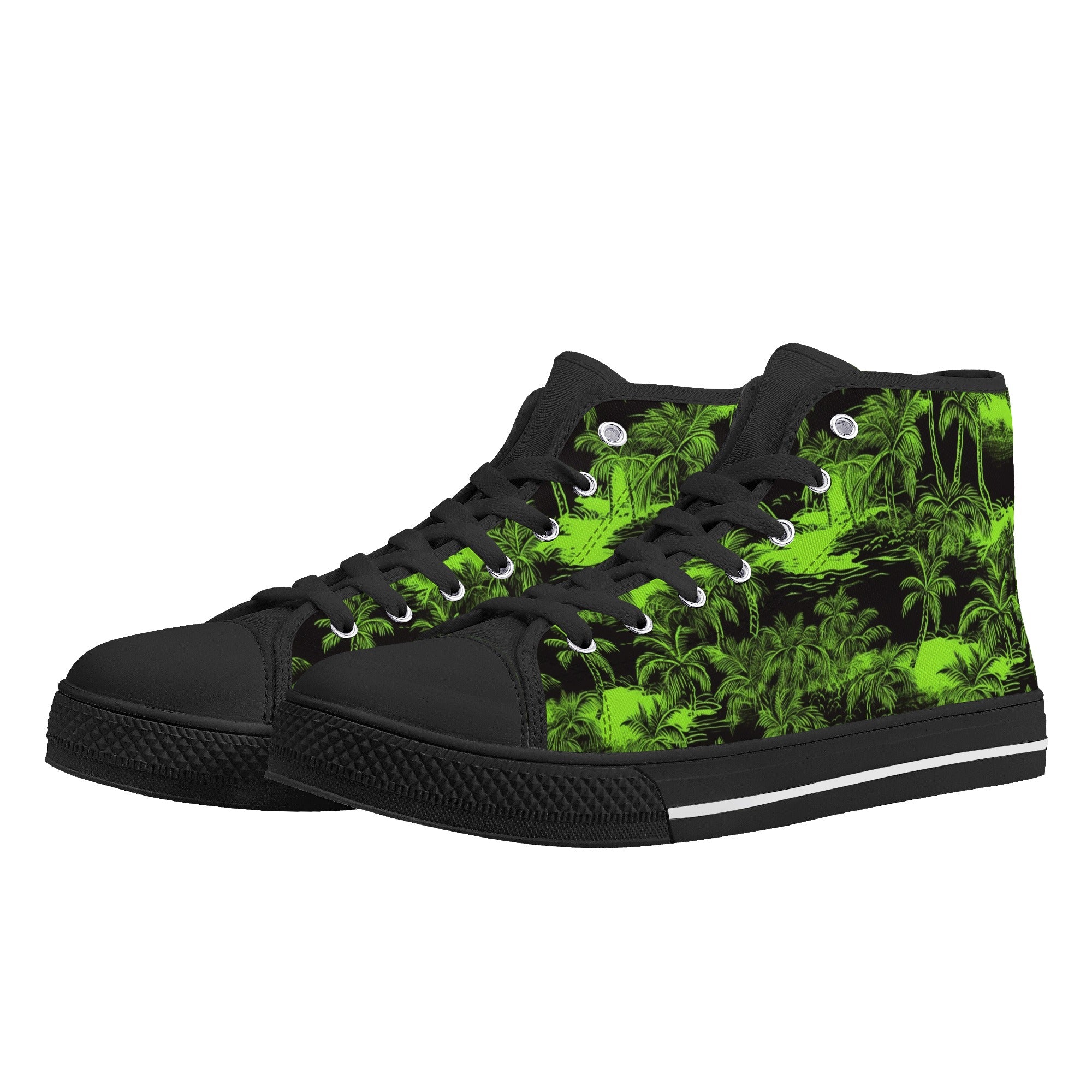 Black and Green Hawaiian Scenery Men's Psychobilly High Top Shoes