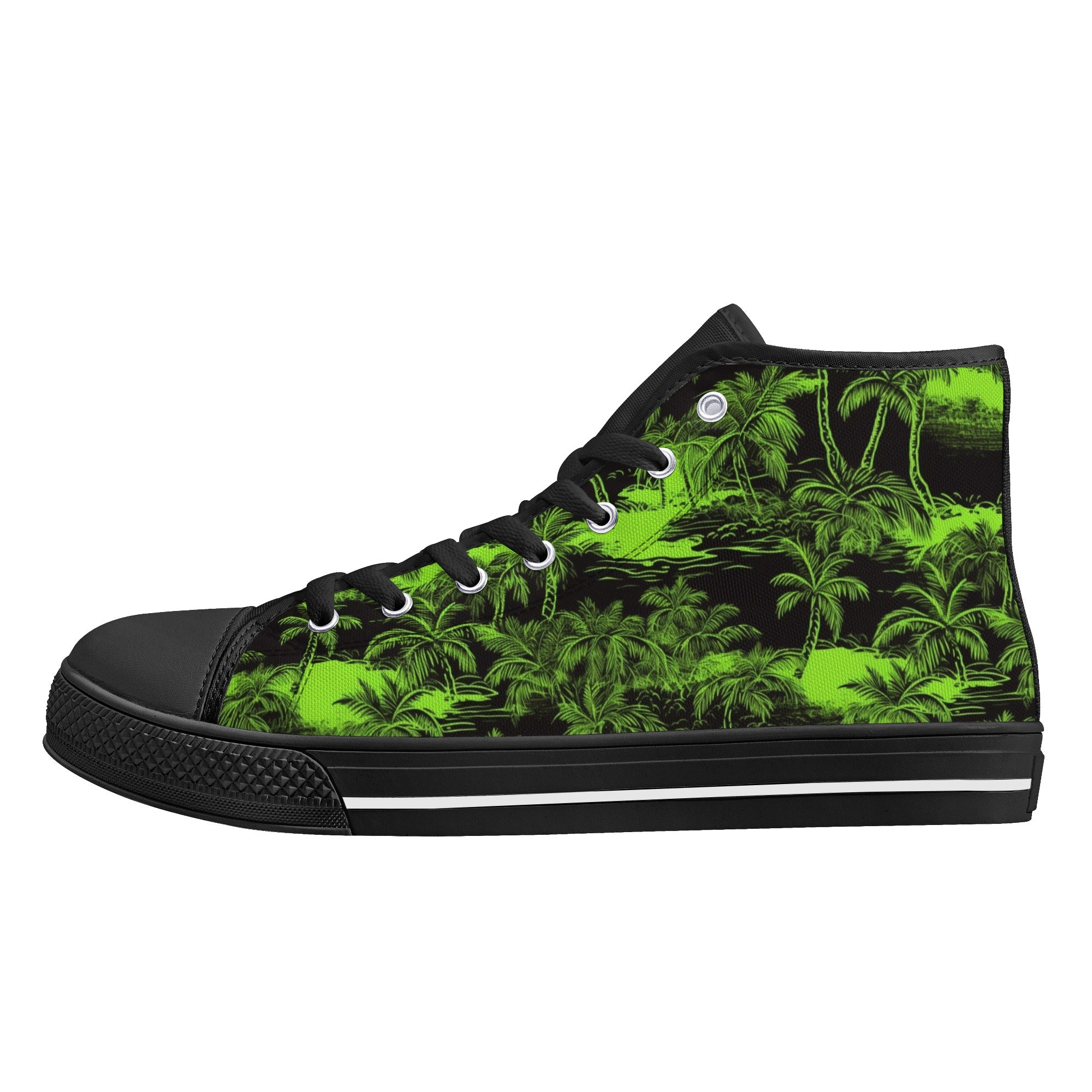 Black and Green Hawaiian Scenery Men's Psychobilly High Top Shoes