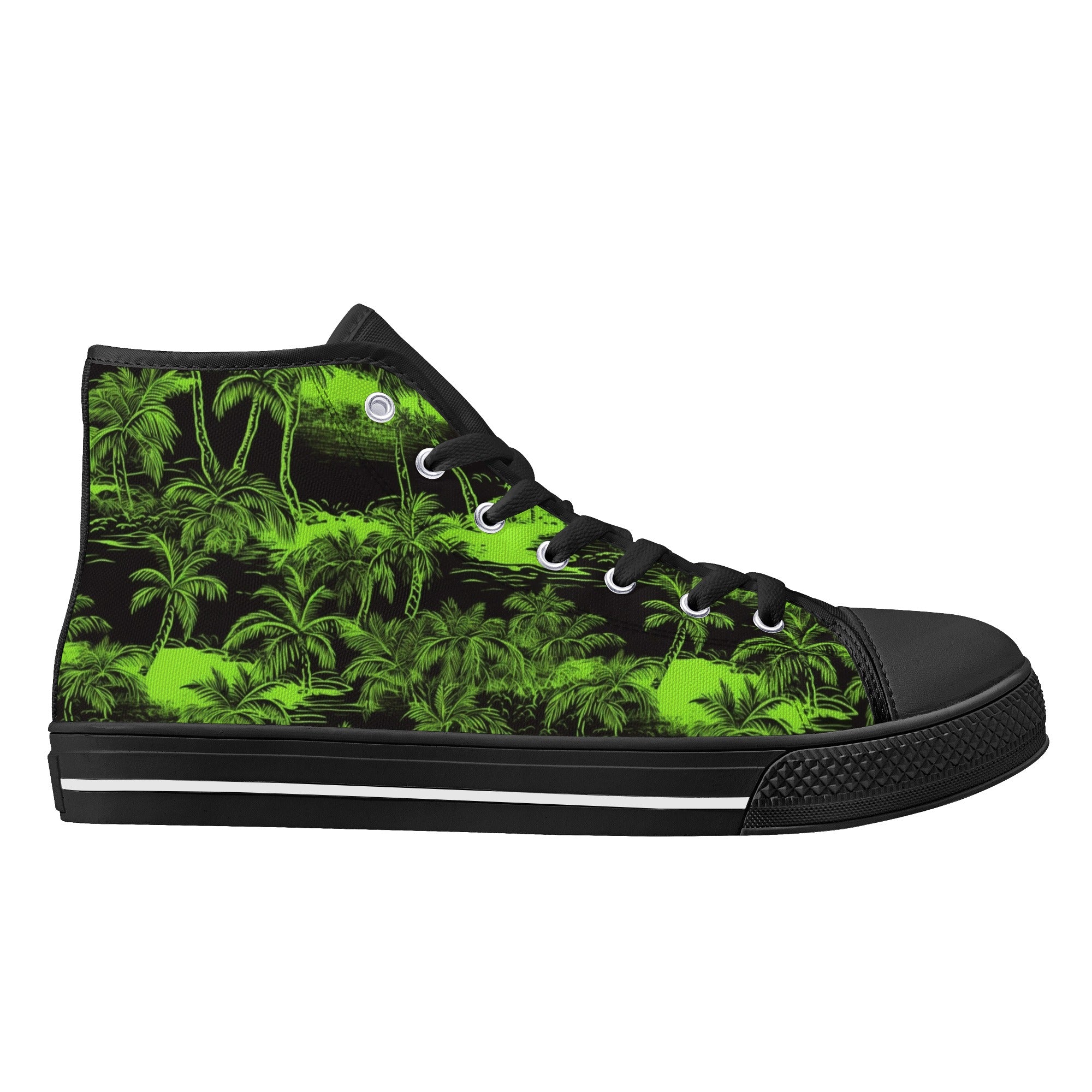 Black and Green Hawaiian Scenery Men's Psychobilly High Top Shoes