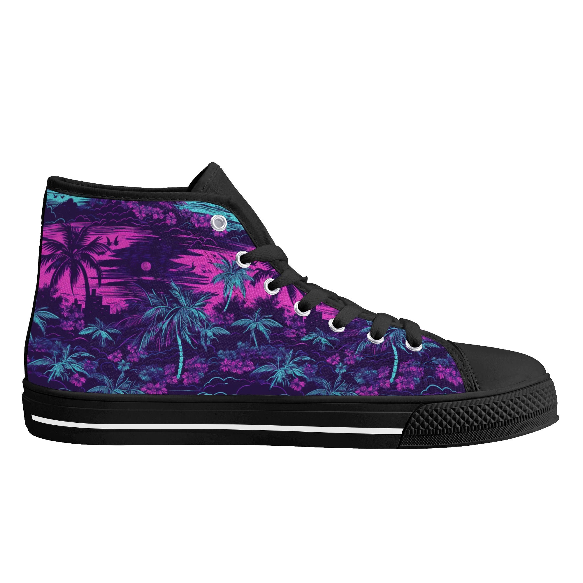 Dark Purple and Bright Pink Hawaiian Scene Men's Psychobilly High Top Shoes