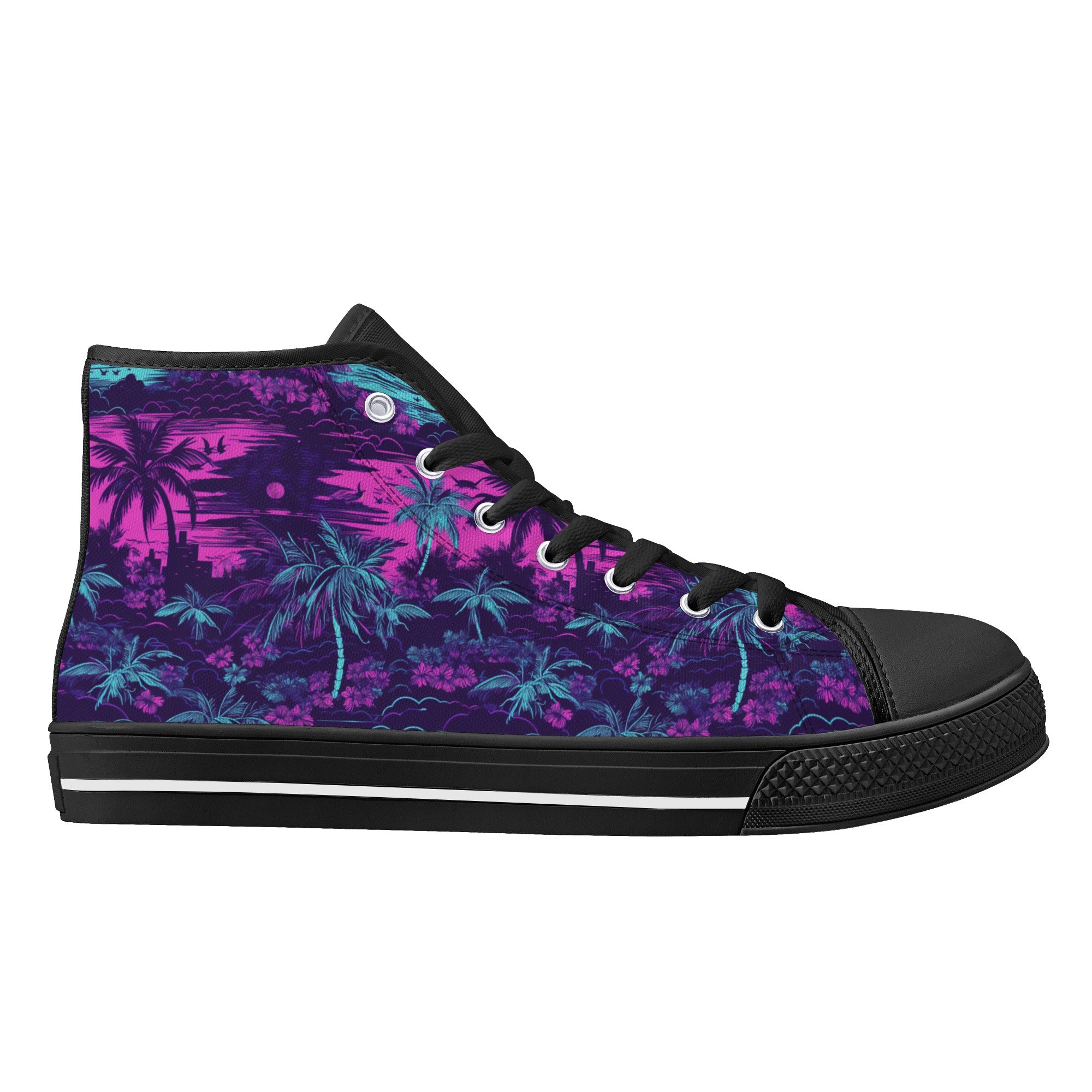 Dark Purple and Bright Pink Hawaiian Scene Men's Psychobilly High Top Shoes