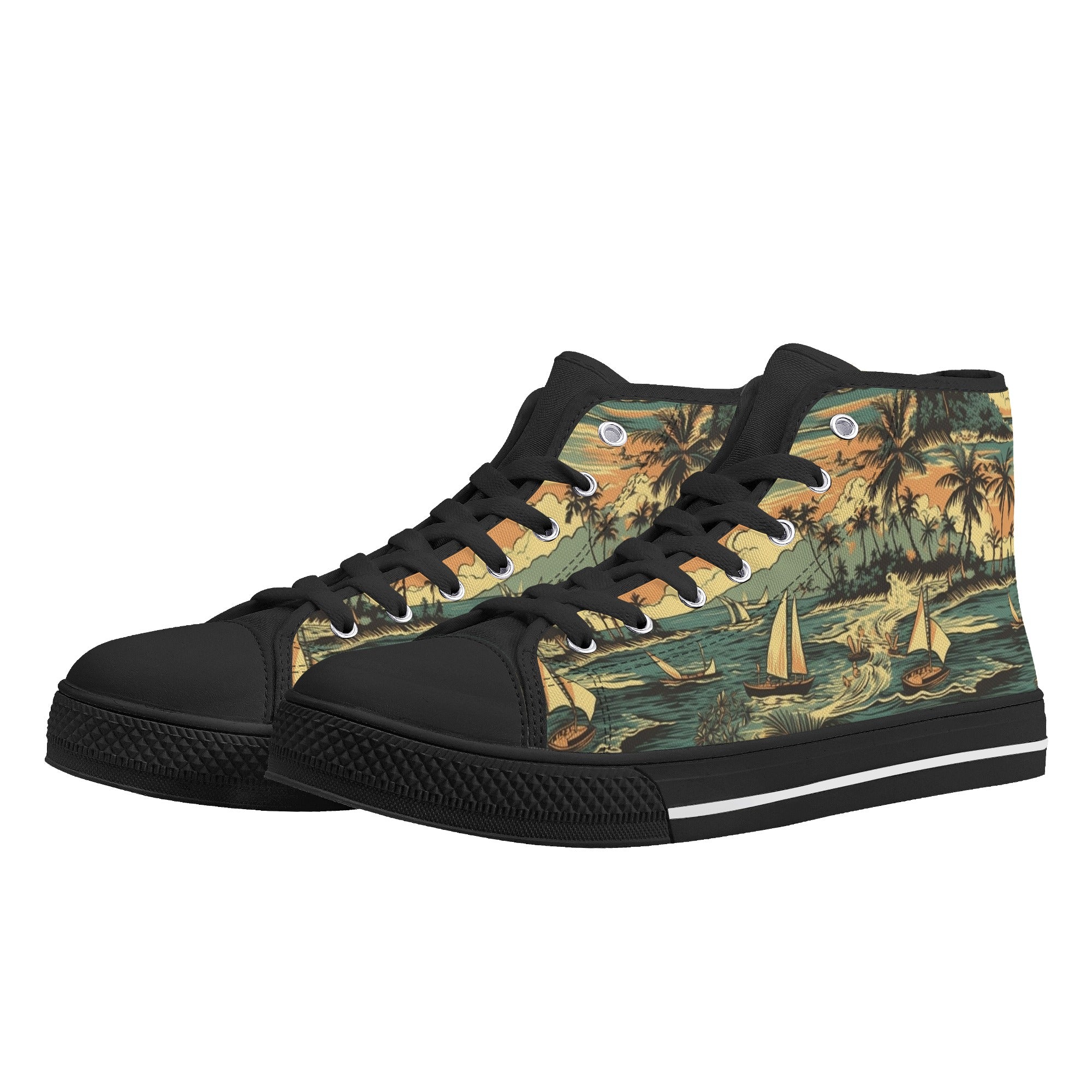 Beach And Boats Classic Hawaiian pattern Men's Psychobilly High Top Shoes