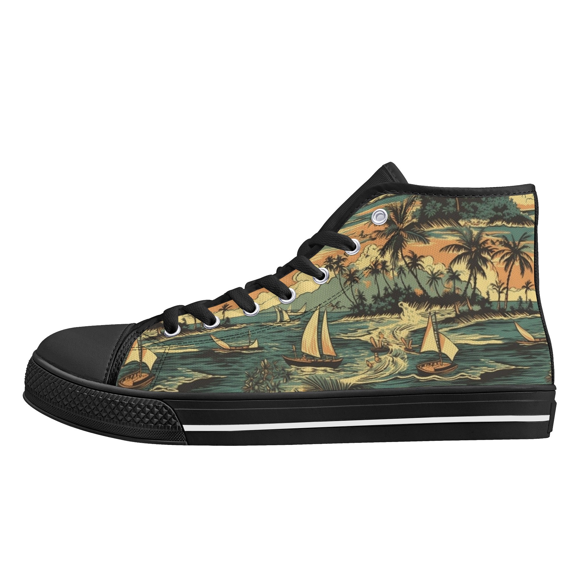 Beach And Boats Classic Hawaiian pattern Men's Psychobilly High Top Shoes