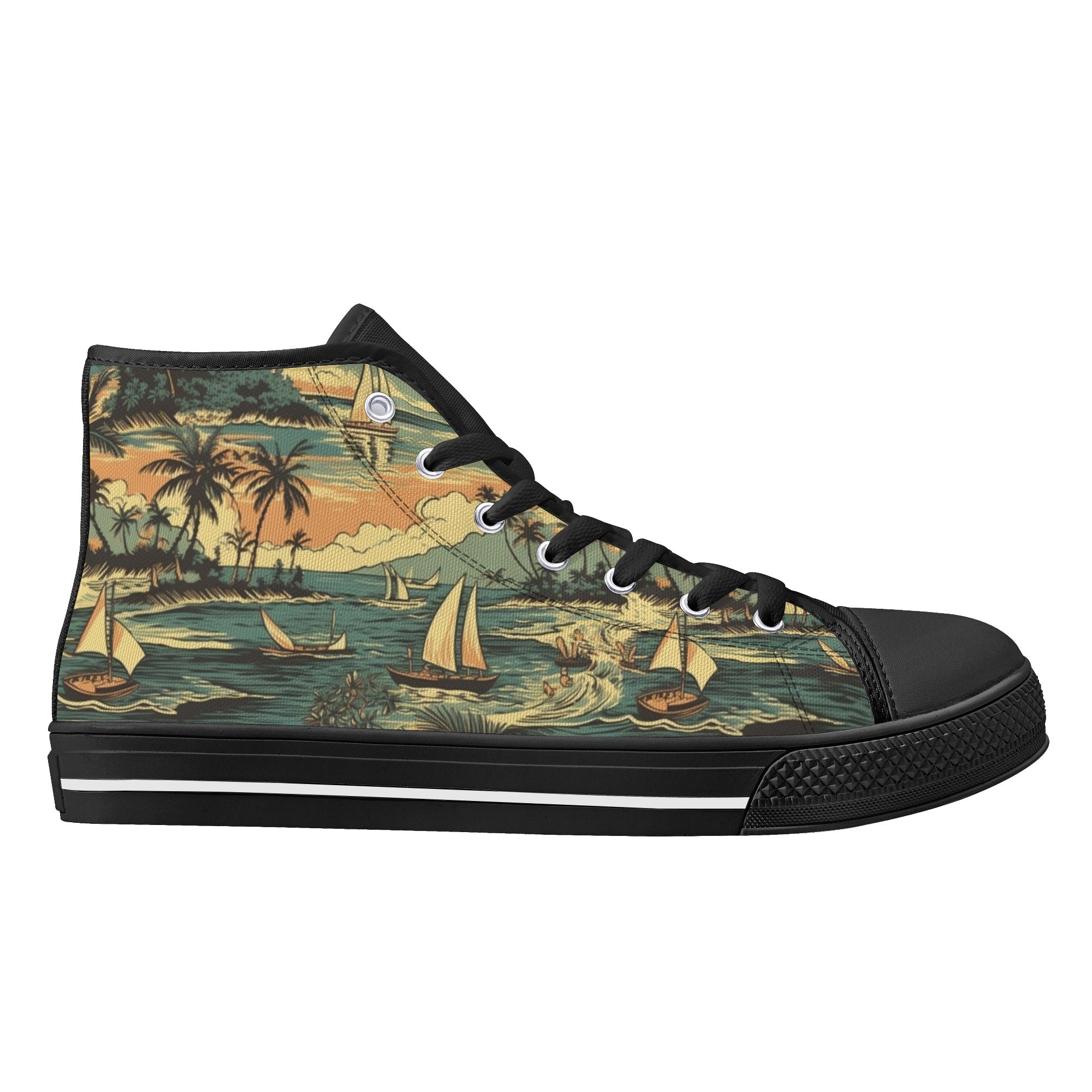 Beach And Boats Classic Hawaiian pattern Men's Psychobilly High Top Shoes