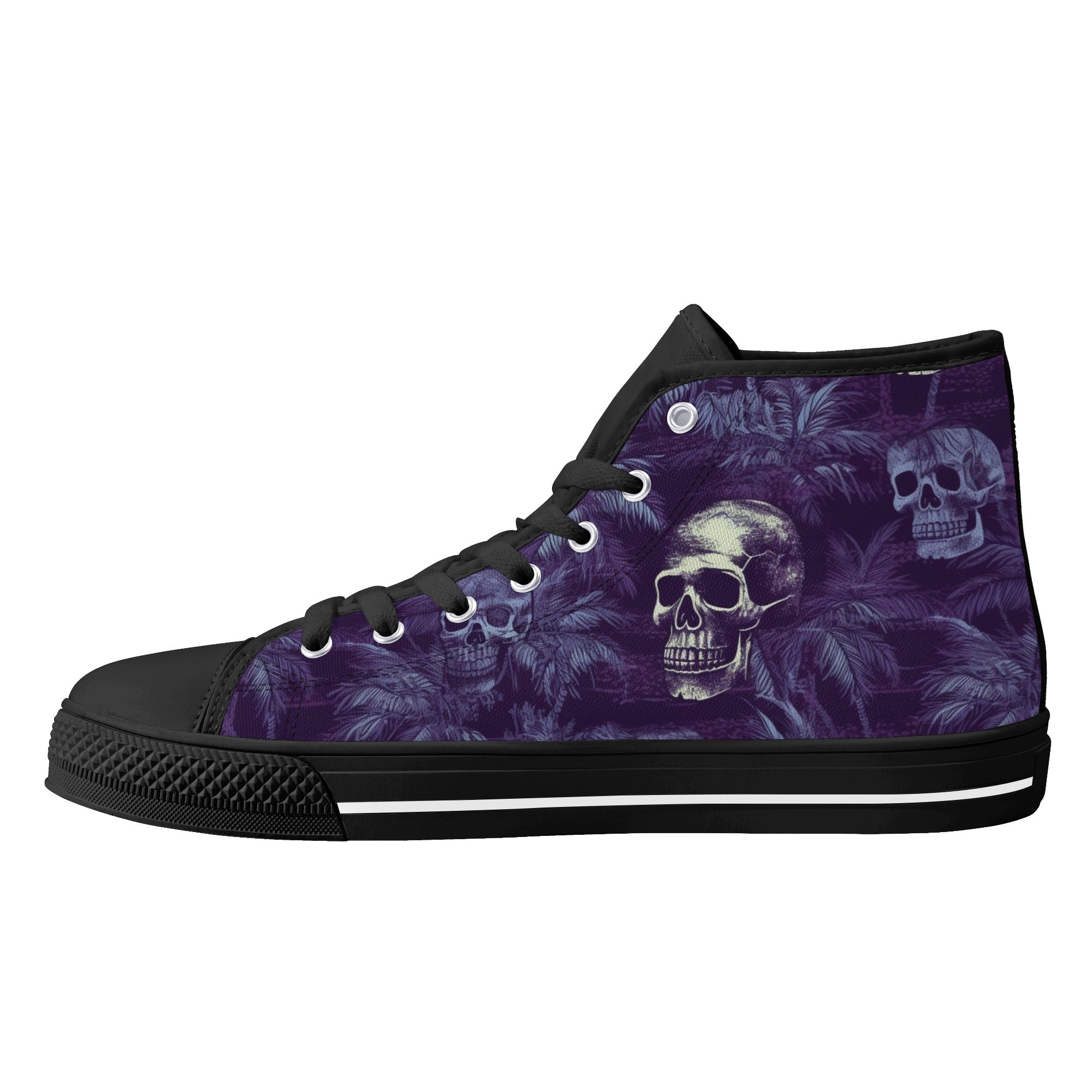 Dark Purple Skulls and Palm Trees Men's Psychobilly High Top Shoes