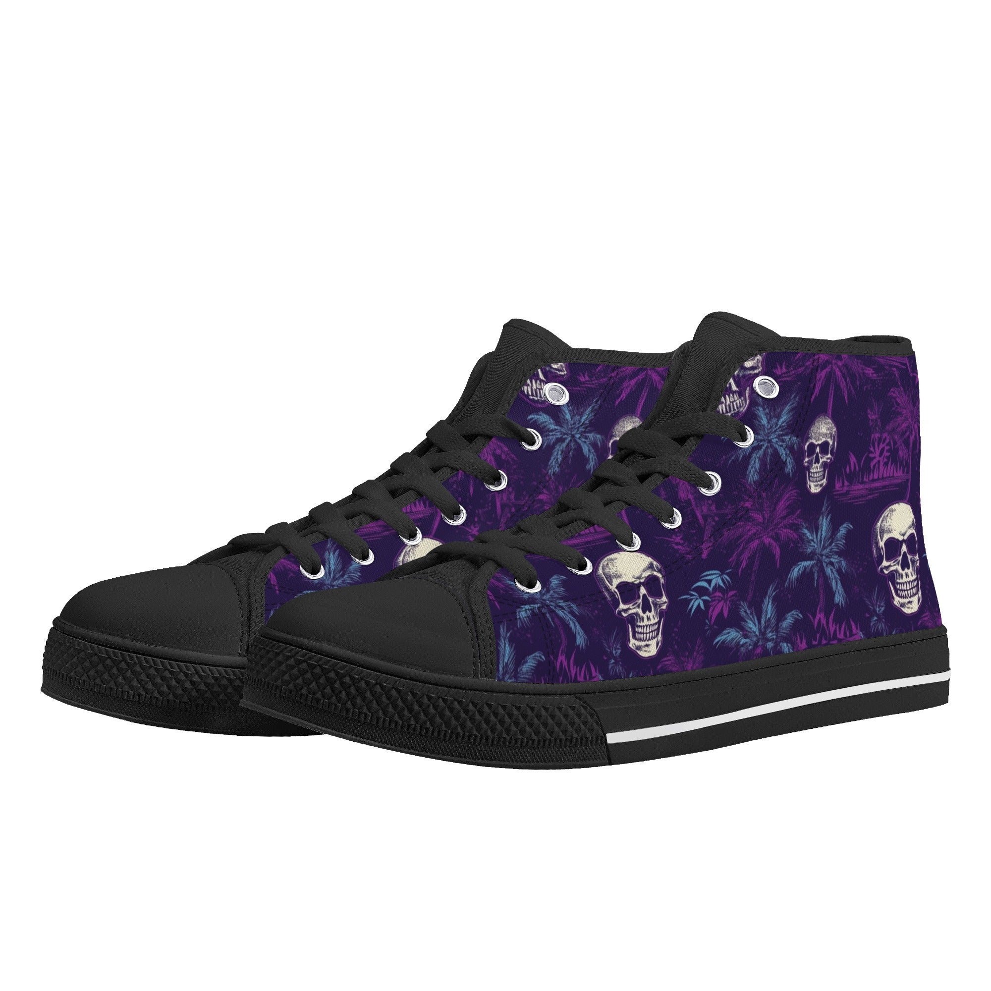 Light and Dark Purple Hawaiian and skulls Men's Psychobilly High Top Shoes