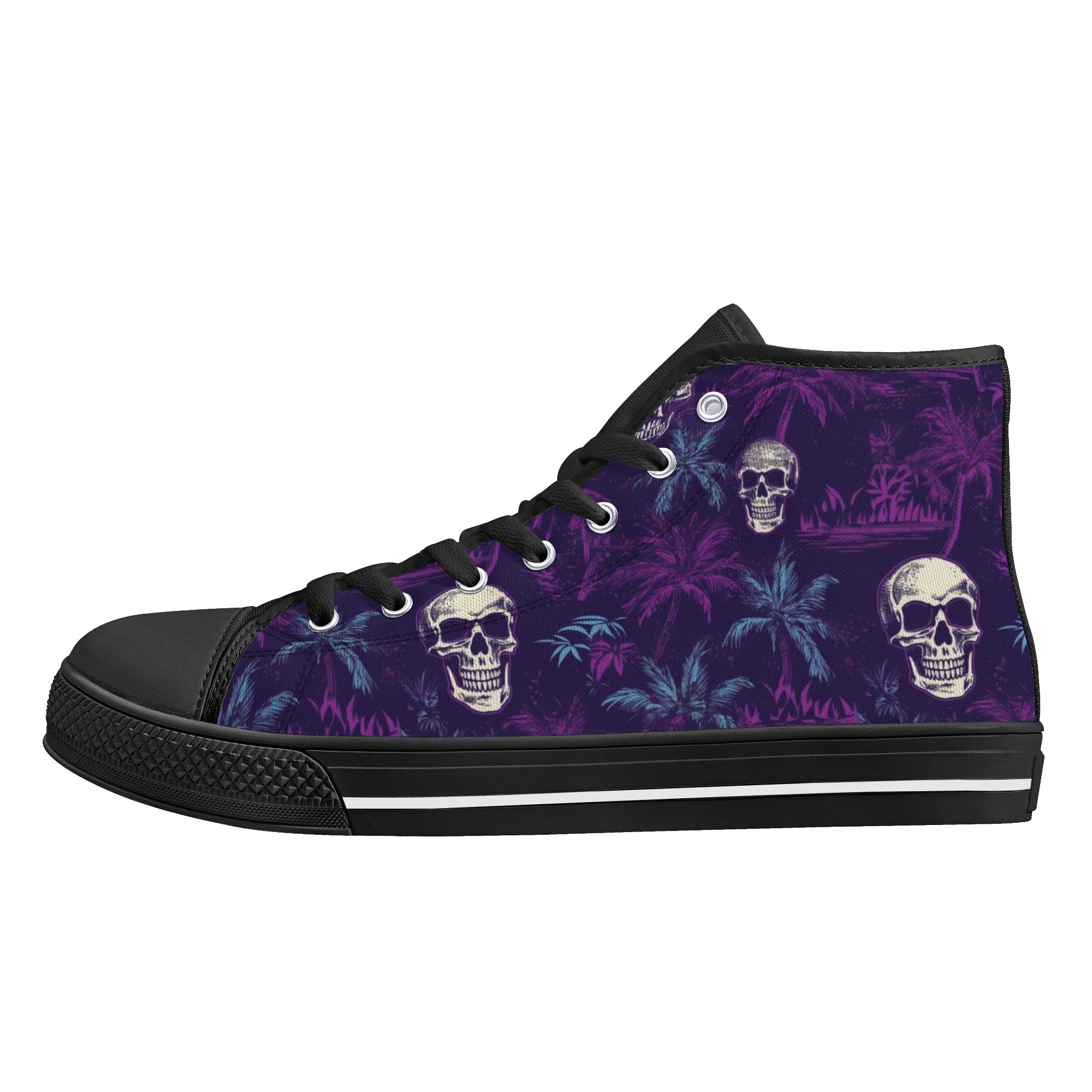 Light and Dark Purple Hawaiian and skulls Men's Psychobilly High Top Shoes