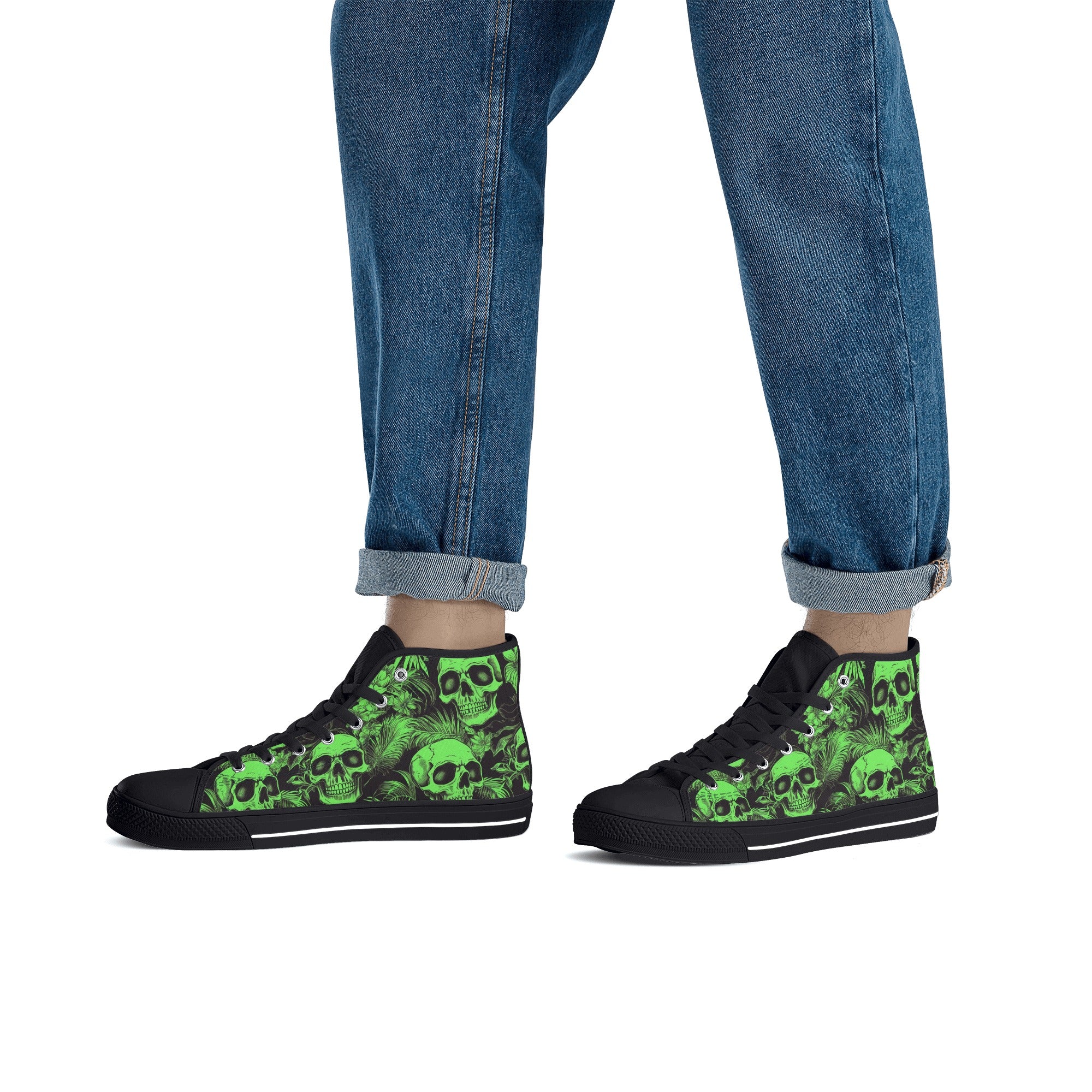 Black and Green Hawaiian and skulls Men's Psychobilly High Top Shoes