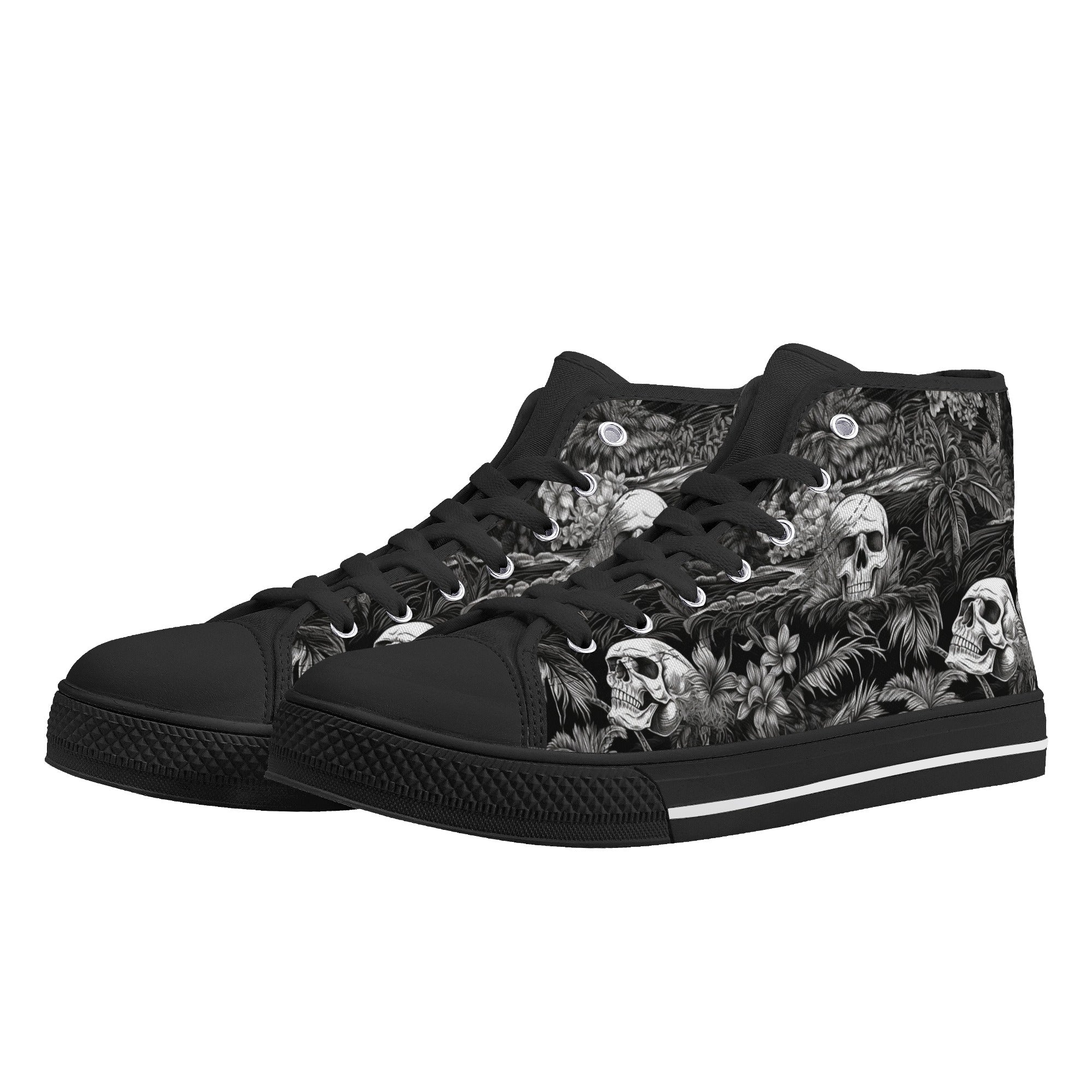 Black and White Hawaiian and Skulls Men's Psychobilly High Top Shoes