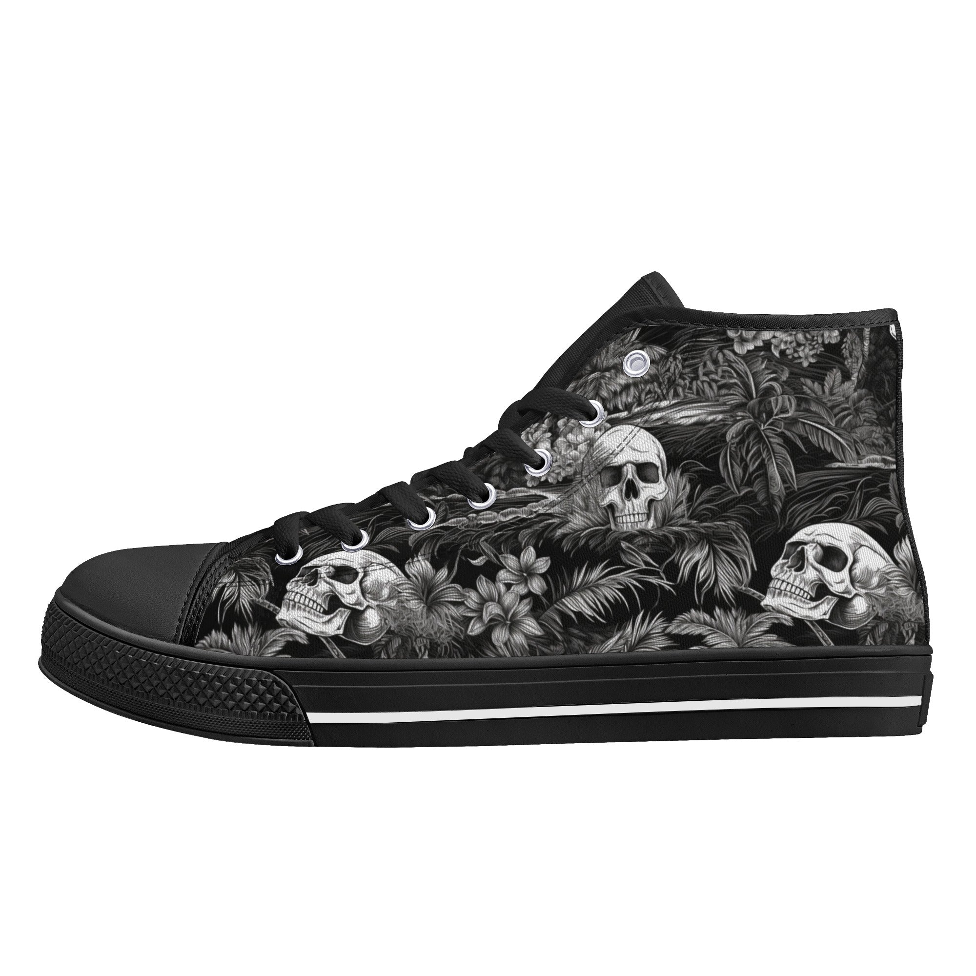 Black and White Hawaiian and Skulls Men's Psychobilly High Top Shoes