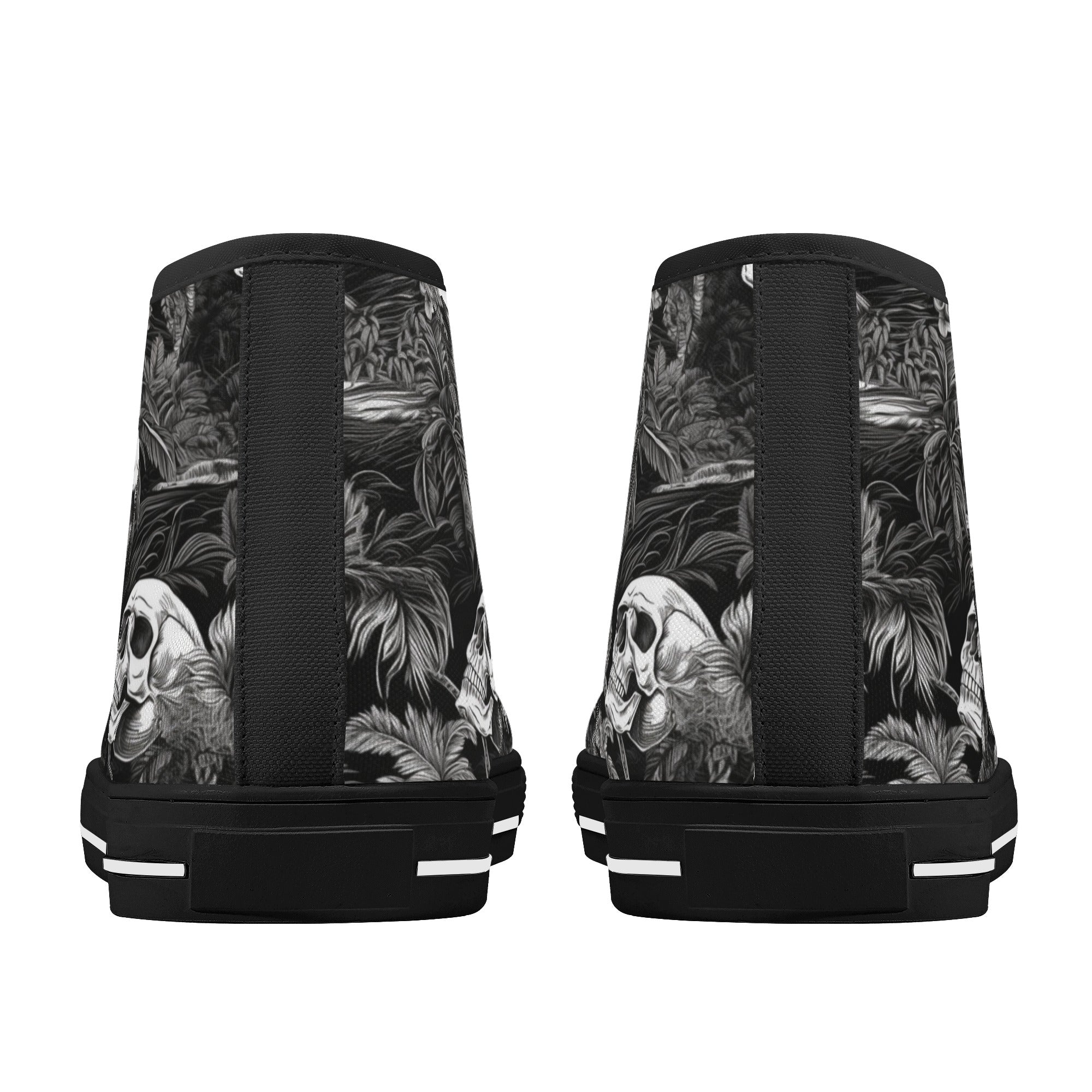 Black and White Hawaiian and Skulls Men's Psychobilly High Top Shoes