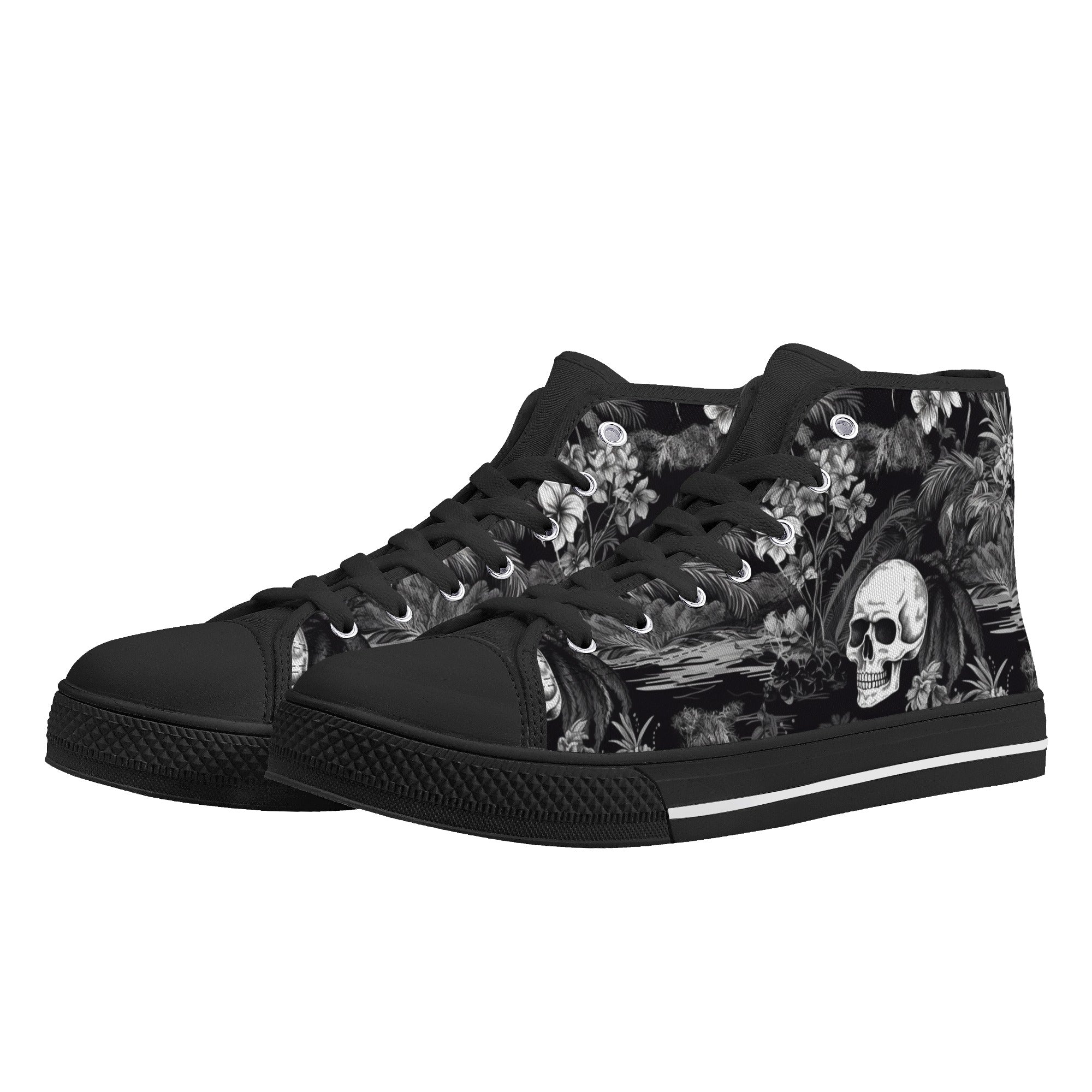 Black and White Hawaiian and Skulls 2 Men's Psychobilly High Top Shoes