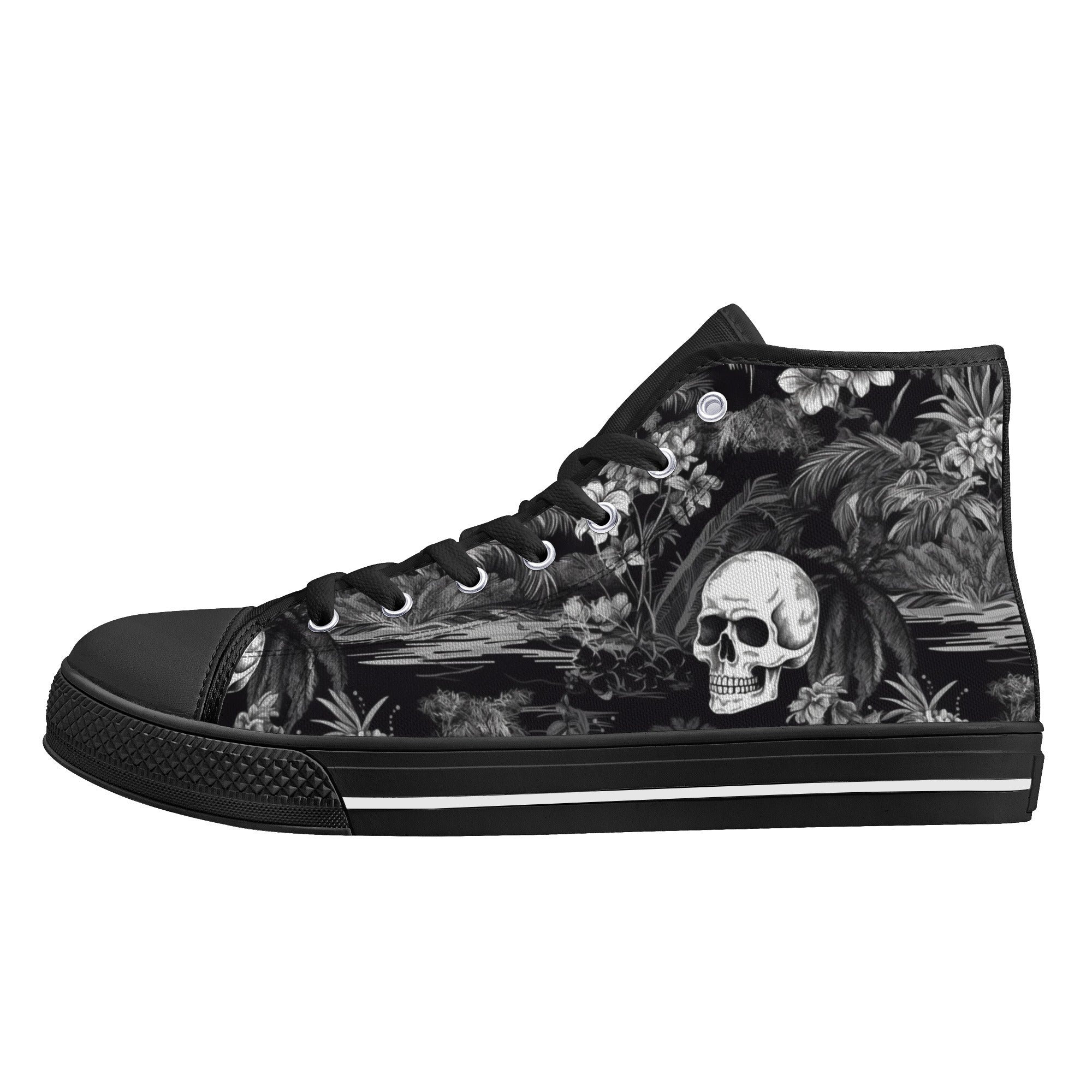 Black and White Hawaiian and Skulls 2 Men's Psychobilly High Top Shoes