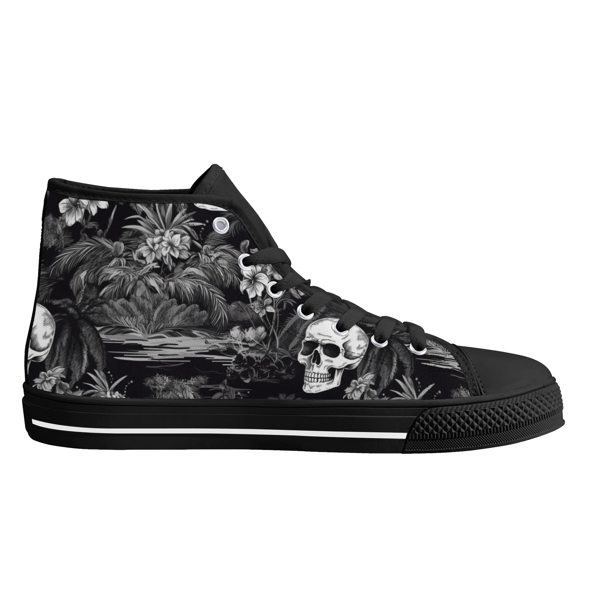 Black and White Hawaiian and Skulls 2 Men's Psychobilly High Top Shoes