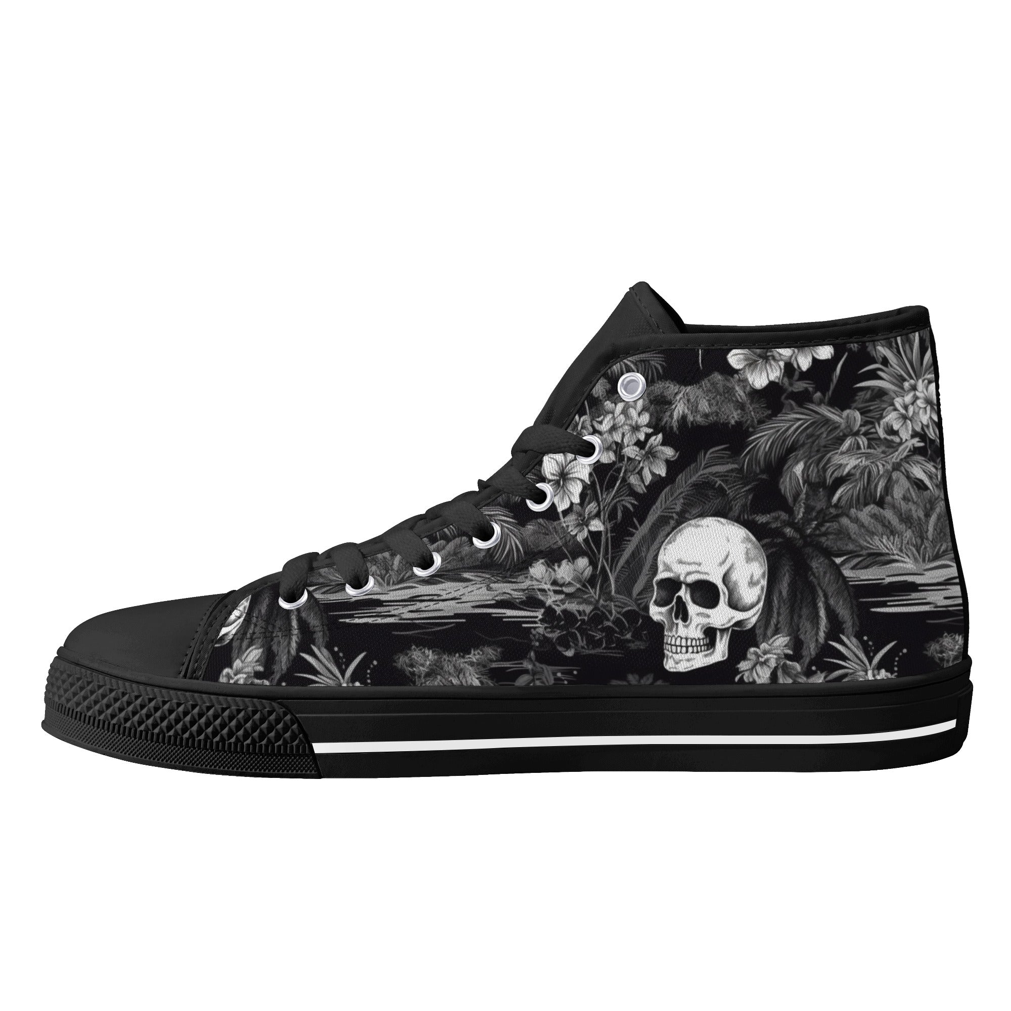 Black and White Hawaiian and Skulls 2 Men's Psychobilly High Top Shoes