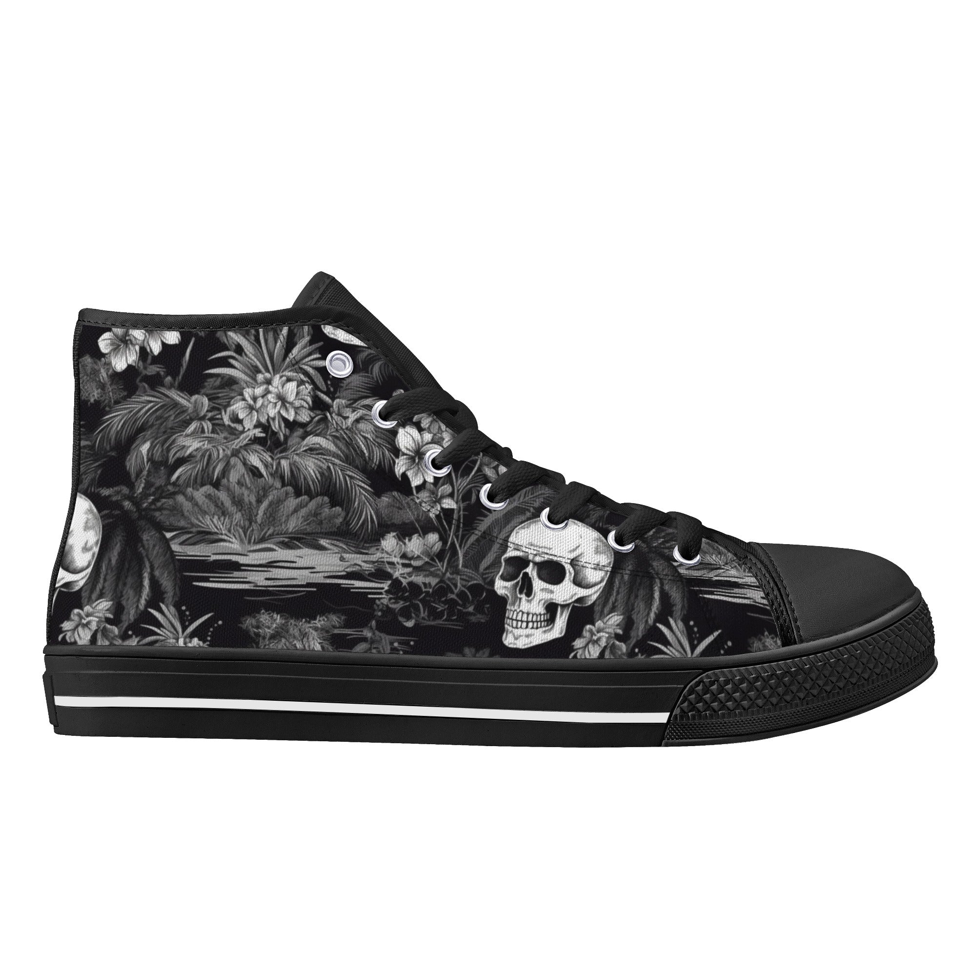 Black and White Hawaiian and Skulls 2 Men's Psychobilly High Top Shoes