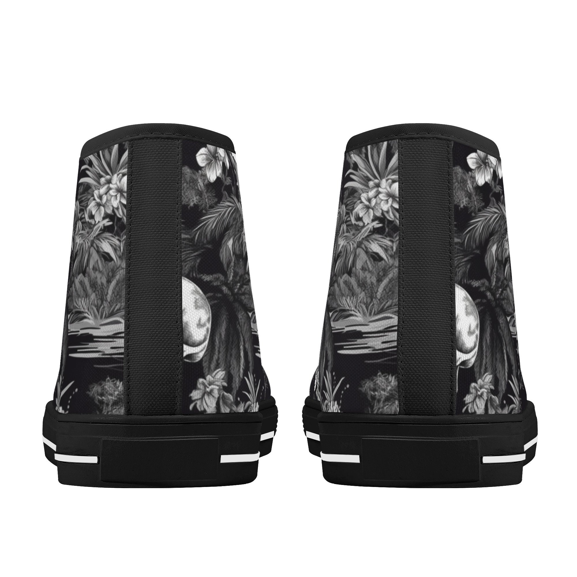 Black and White Hawaiian and Skulls 2 Men's Psychobilly High Top Shoes