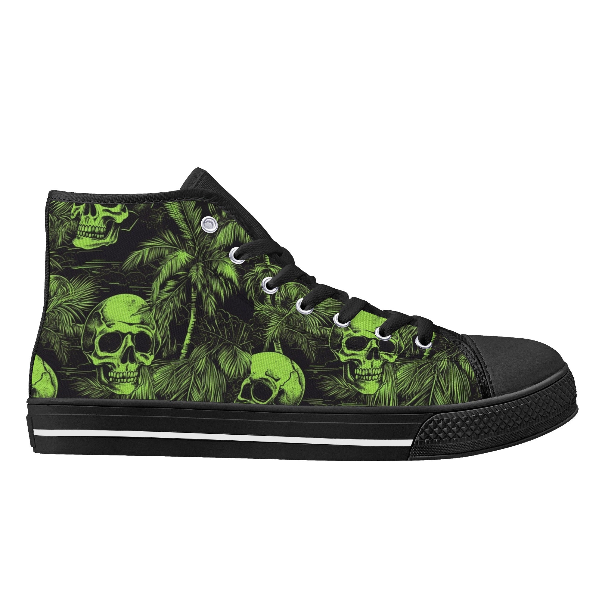 Black and Green Hawaiian Skulls Men's Psychobilly High Top Shoes