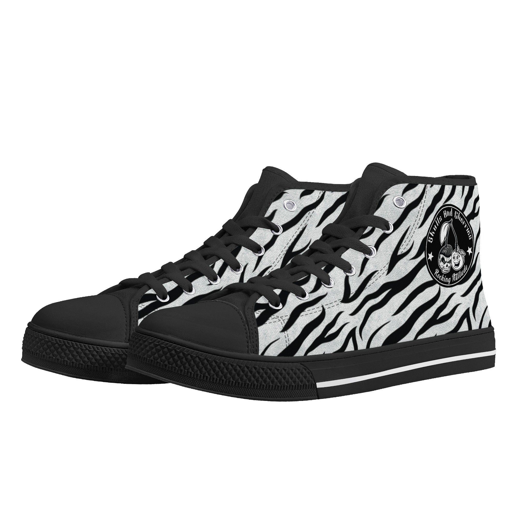 White  Zebra Animal Print Women's Psychobilly High Top Shoes
