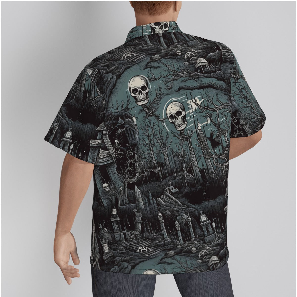 Dark Cemetery Scene with Skulls Psychobilly Hawaiian Shirt