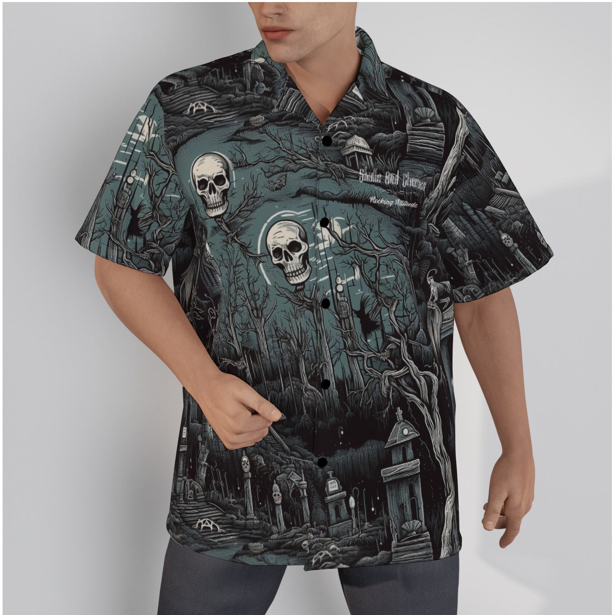 Dark Cemetery Scene with Skulls Psychobilly Hawaiian Shirt