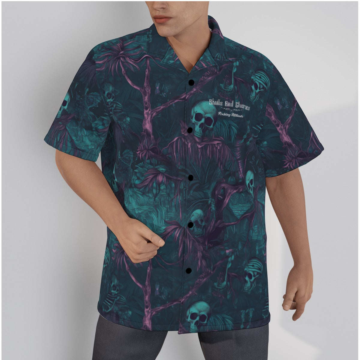 Dark Blue and Purple Hawaiian Scene with Skulls Psychobilly Hawaiian Shirt