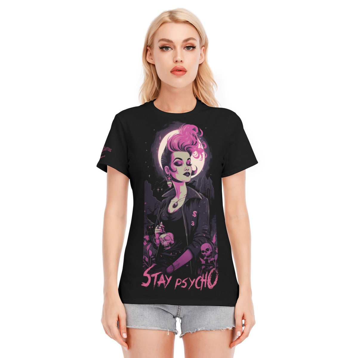 Stay Psycho Pink full moon Pinup Psychobilly T-shirt