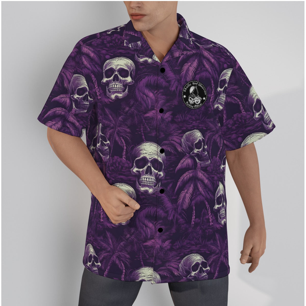 Dark Purple Skulls and Palm Trees Psychobilly Hawaiian Shirt