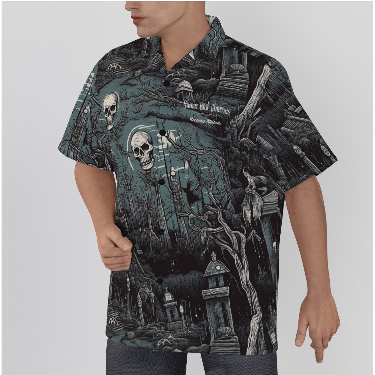 Dark Cemetery Scene with Skulls Psychobilly Hawaiian Shirt