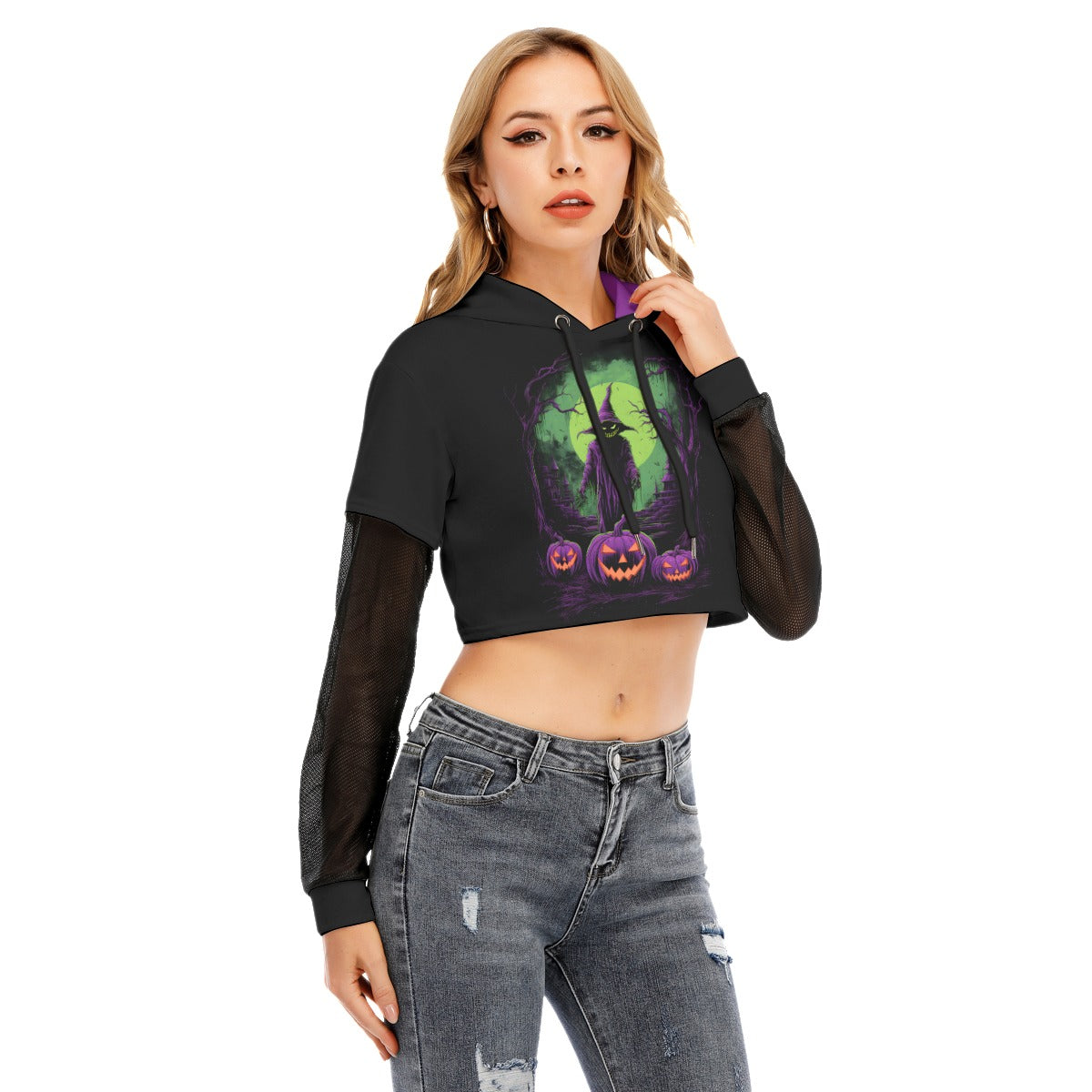 Trick Or Death Fake Two-piece Mesh Sleeve Cropped Hoodie