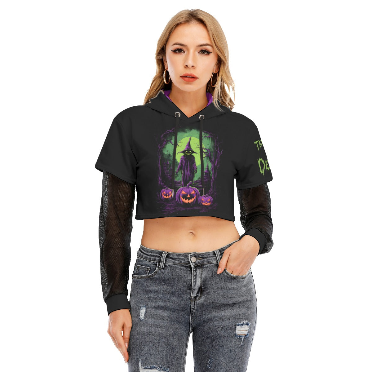 Trick Or Death Fake Two-piece Mesh Sleeve Cropped Hoodie