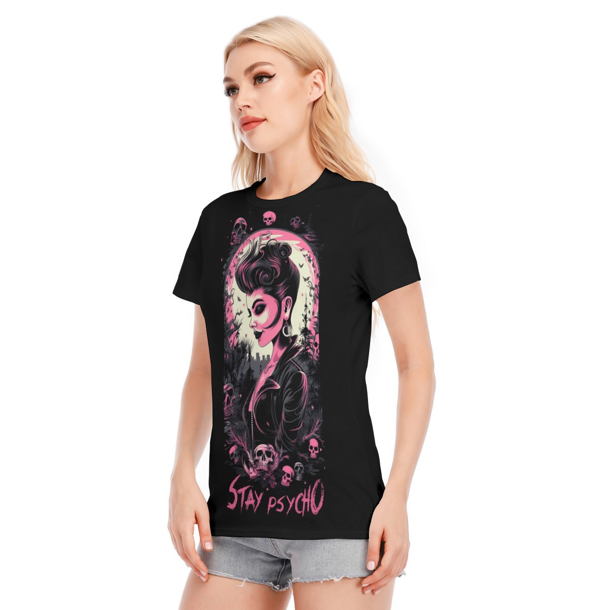 Stay Psycho Pink full moon Ghoul Psychobilly T-shirt