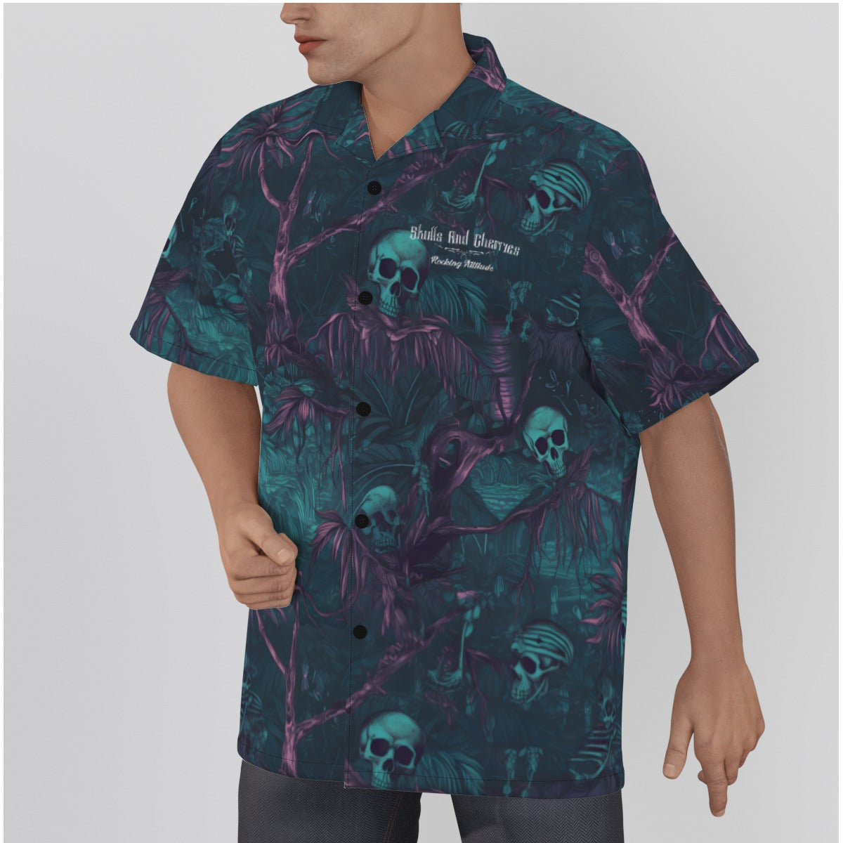 Dark Blue and Purple Hawaiian Scene with Skulls Psychobilly Hawaiian Shirt