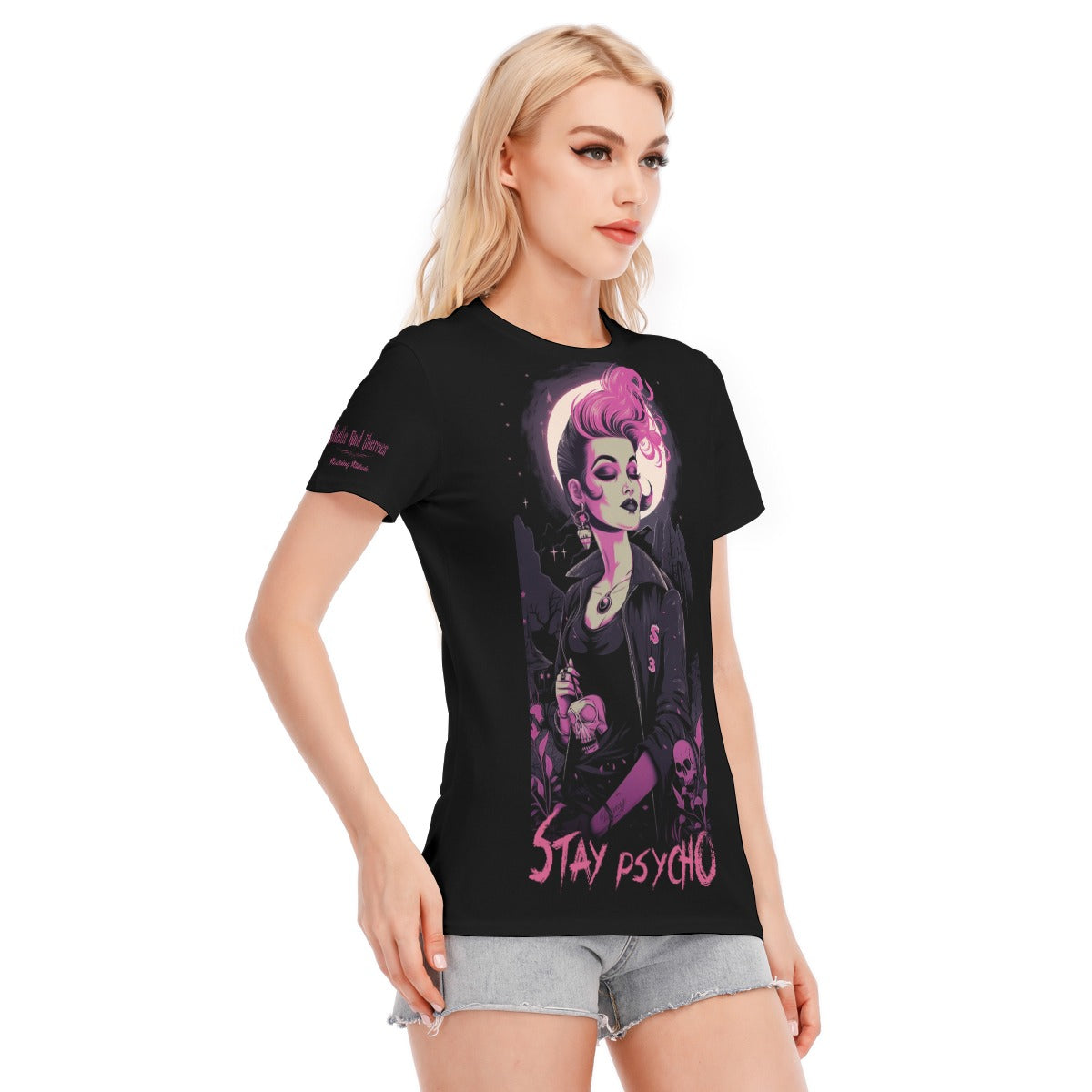 Stay Psycho Pink full moon Pinup Psychobilly T-shirt