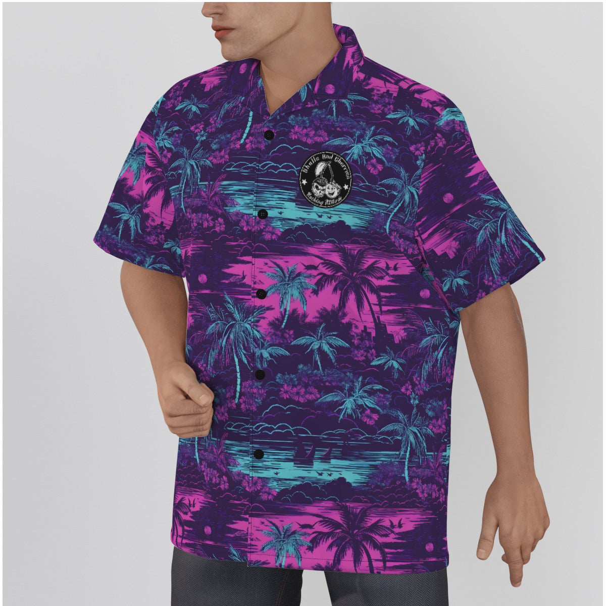 Dark Purple and Bright Pink Hawaiian Scene Psychobilly Hawaiian Shirt